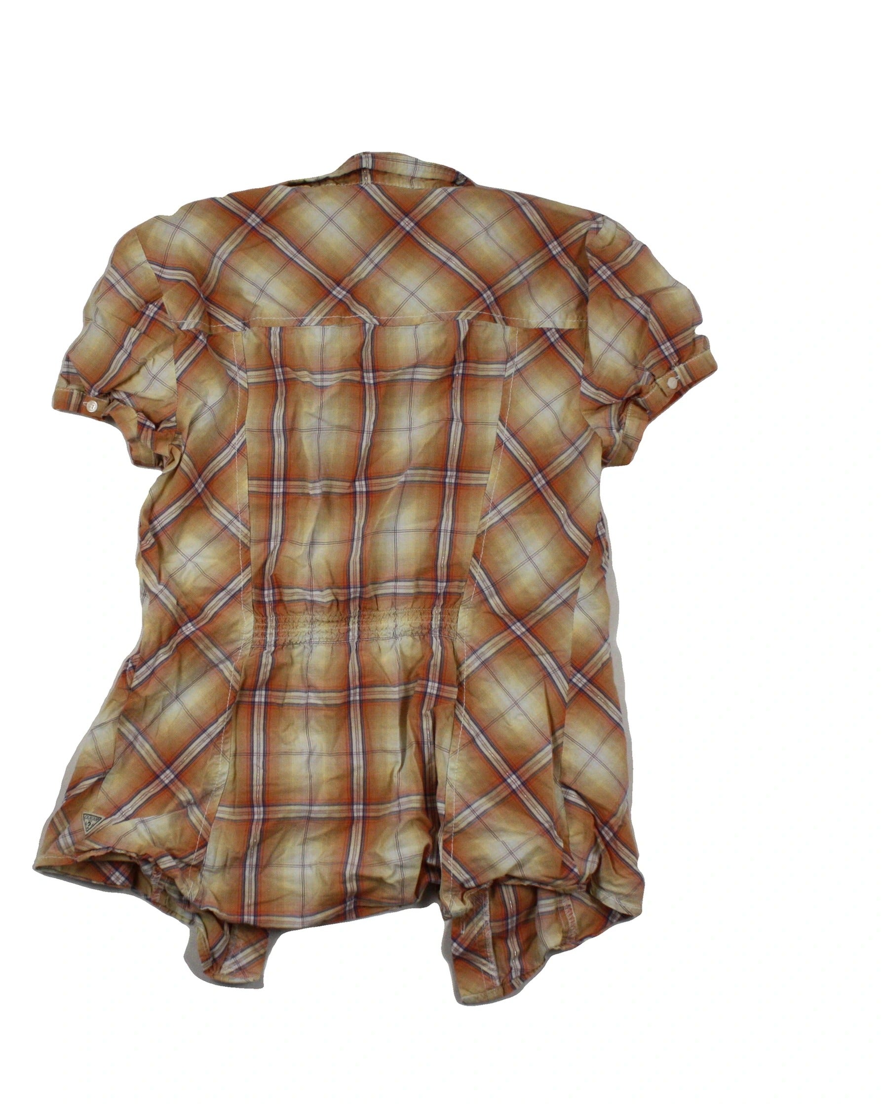 Guess Women's Orange/Cream/Navy Plaid Short Sleeve Fitted Shirt – Size S