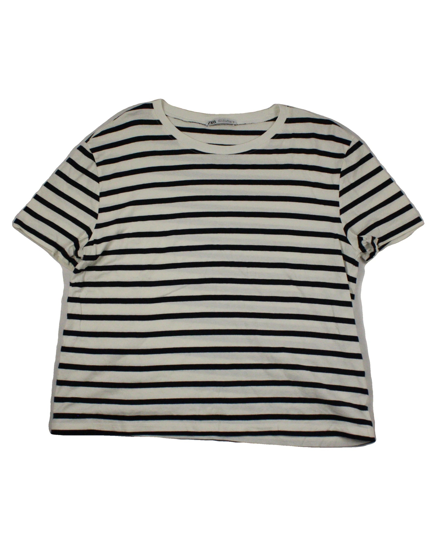 Zara Women's Cream/Navy Horizontal Stripe Short Sleeve Top – Size L