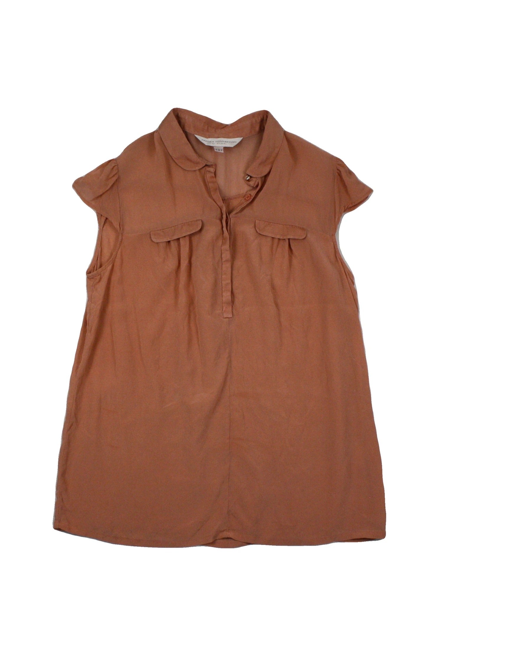 French Connection Women's Dark Peach Silk Short Sleeve Top with Collar – Size AD