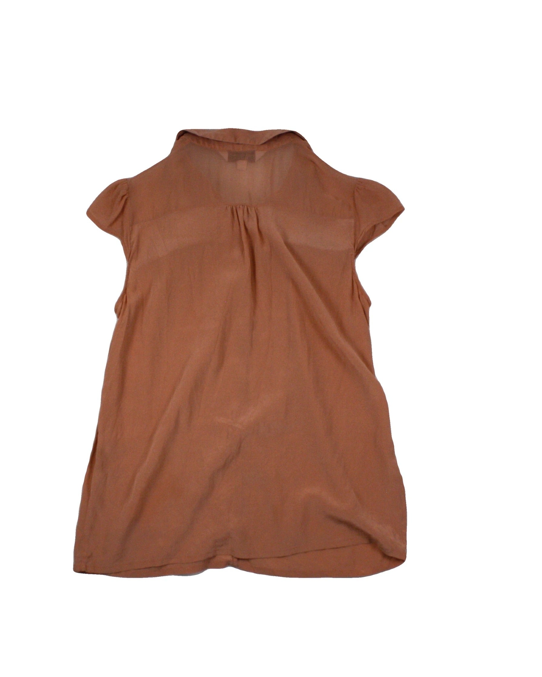 French Connection Women's Dark Peach Silk Short Sleeve Top with Collar – Size AD