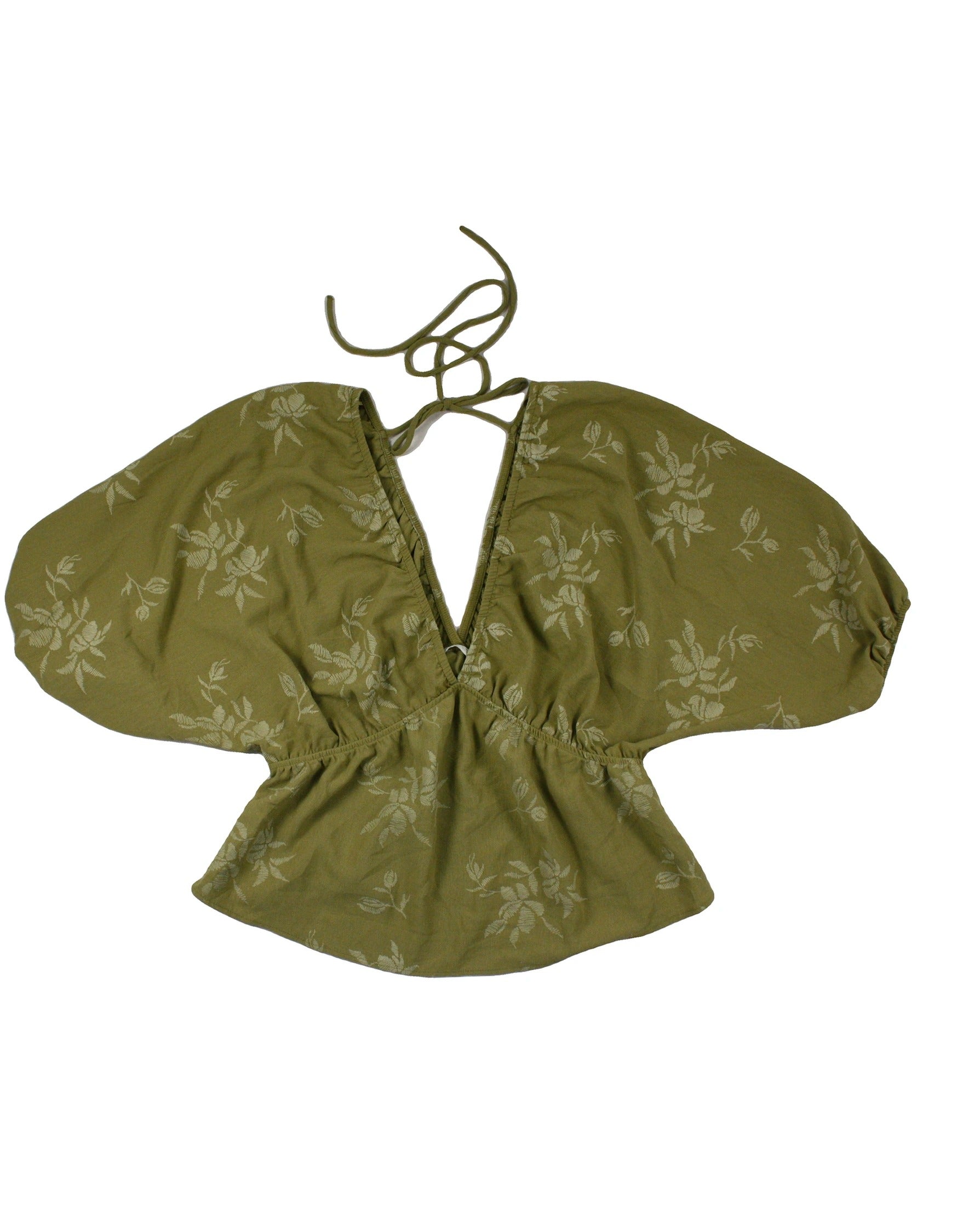 Zara Women's Olive Floral Short Sleeve Top with V-Neck and Puff Sleeves – Size M