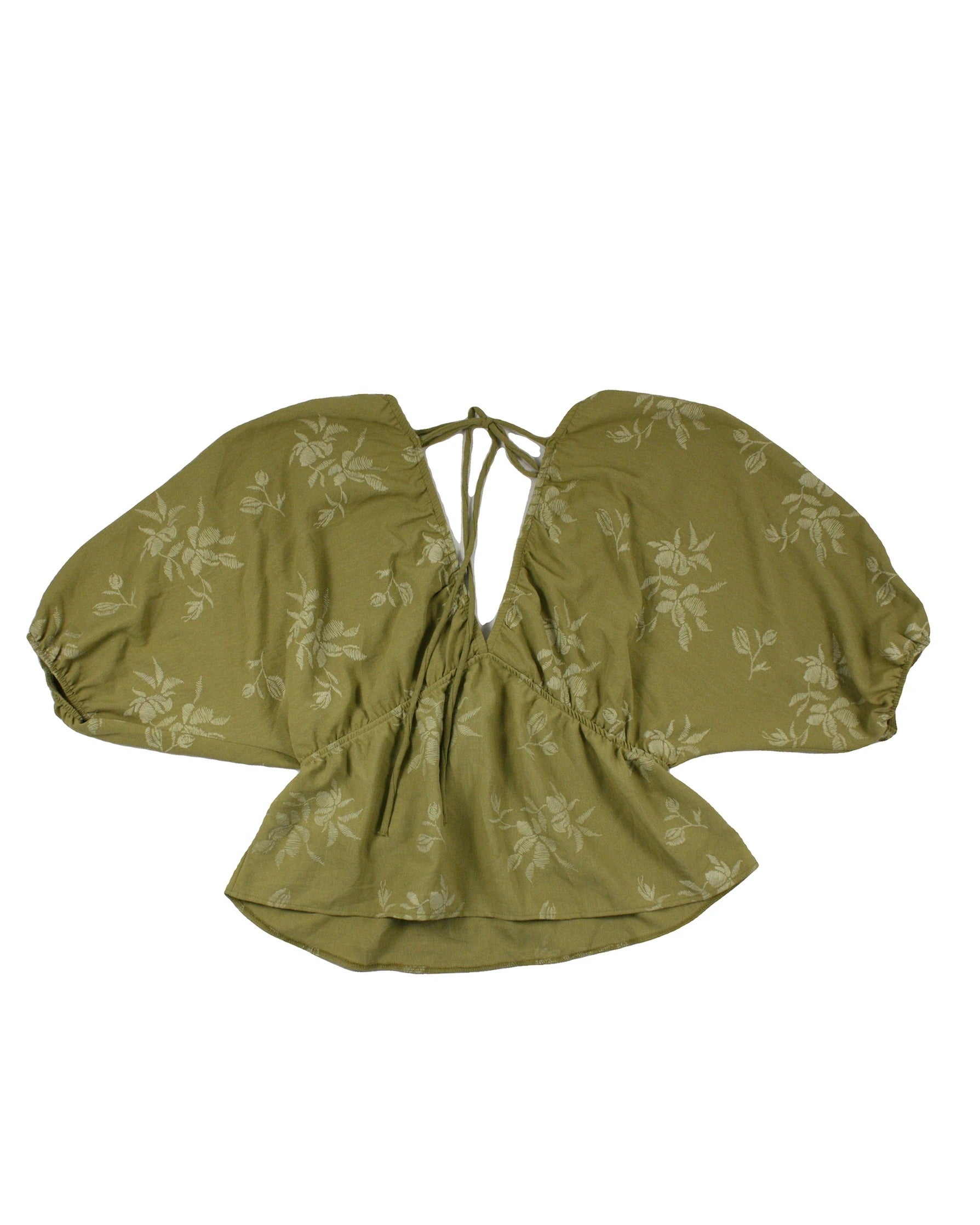 Zara Women's Olive Floral Short Sleeve Top with V-Neck and Puff Sleeves – Size M