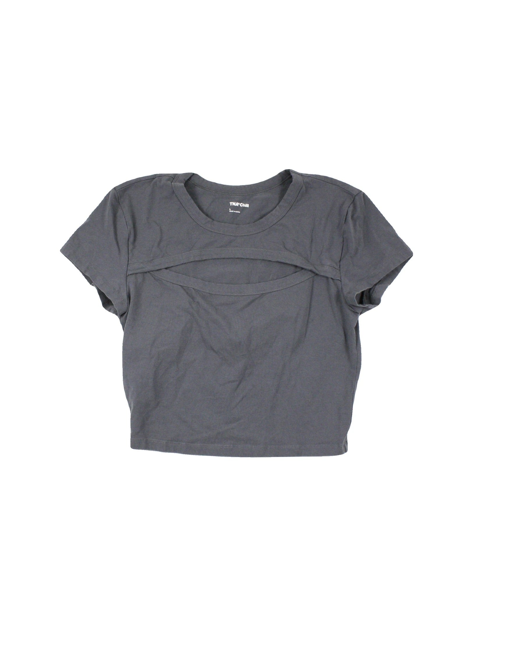 TNAChill Women's Grey Short Sleeve Top with Front Cutout – Size L