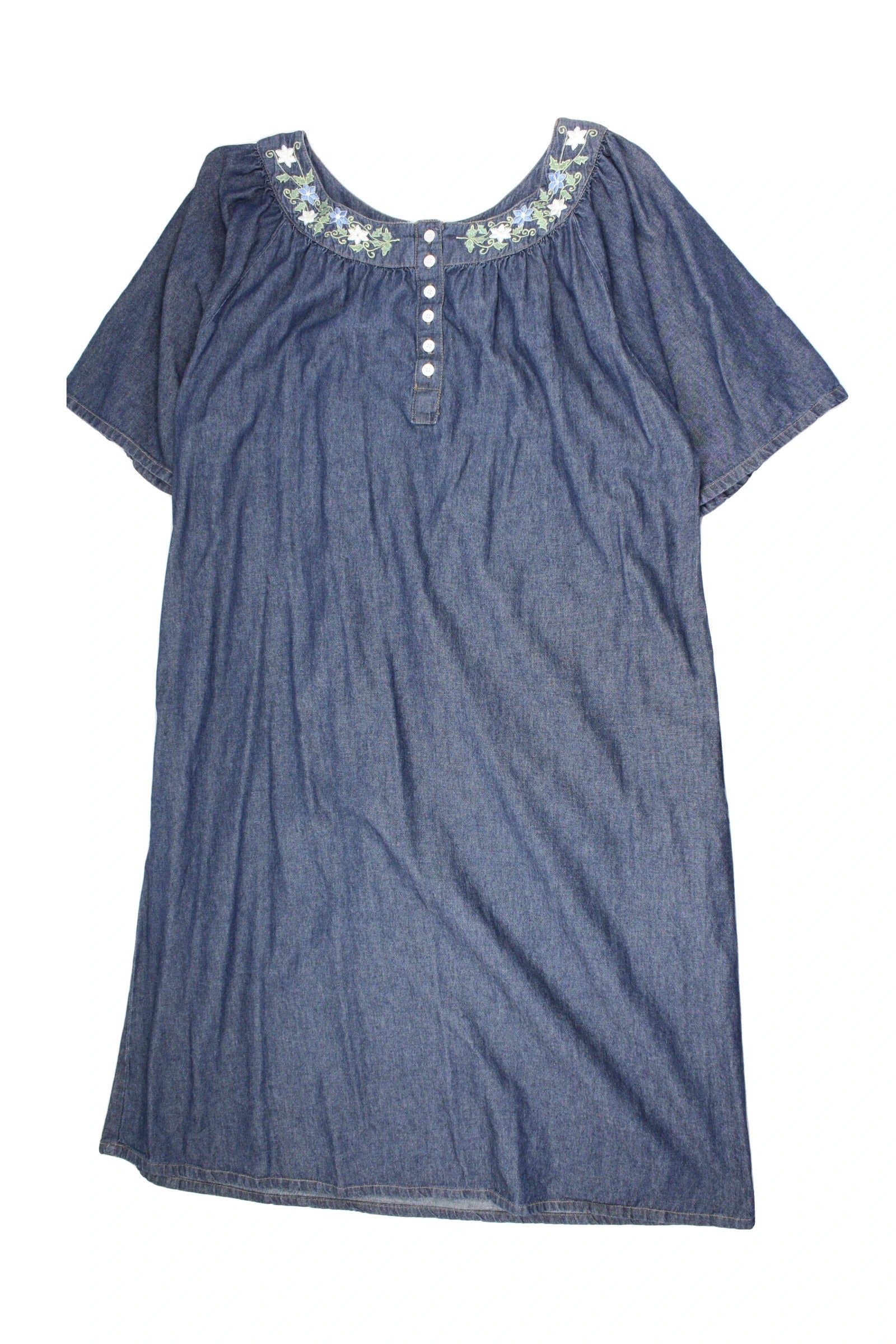Sante Women's Blue/Olive/White Denim Short Sleeve Floral Embroidered Maxi Dress – Size M