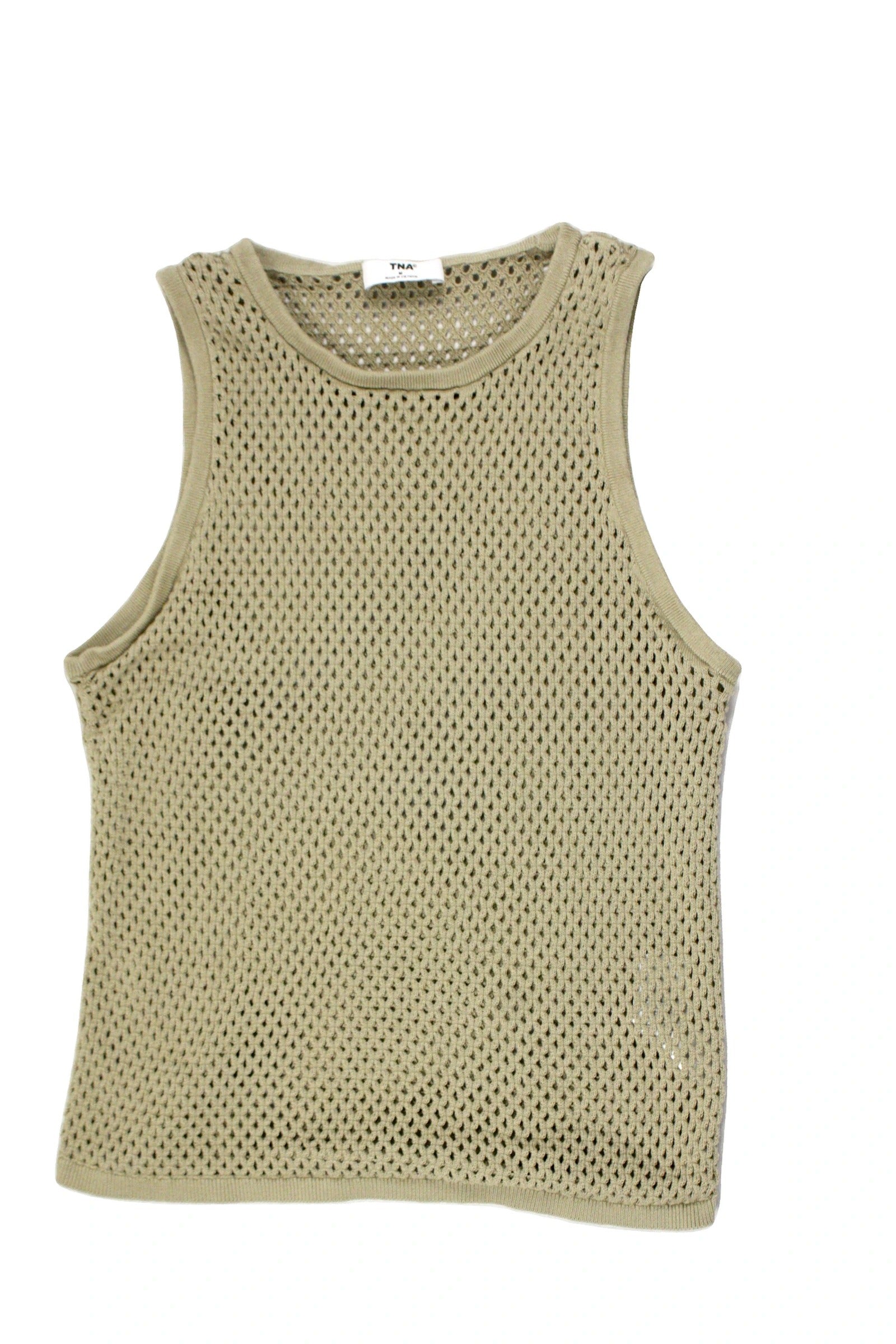 TNA Women's Light Green Open Knit Sleeveless Top with Round Neck – Size M