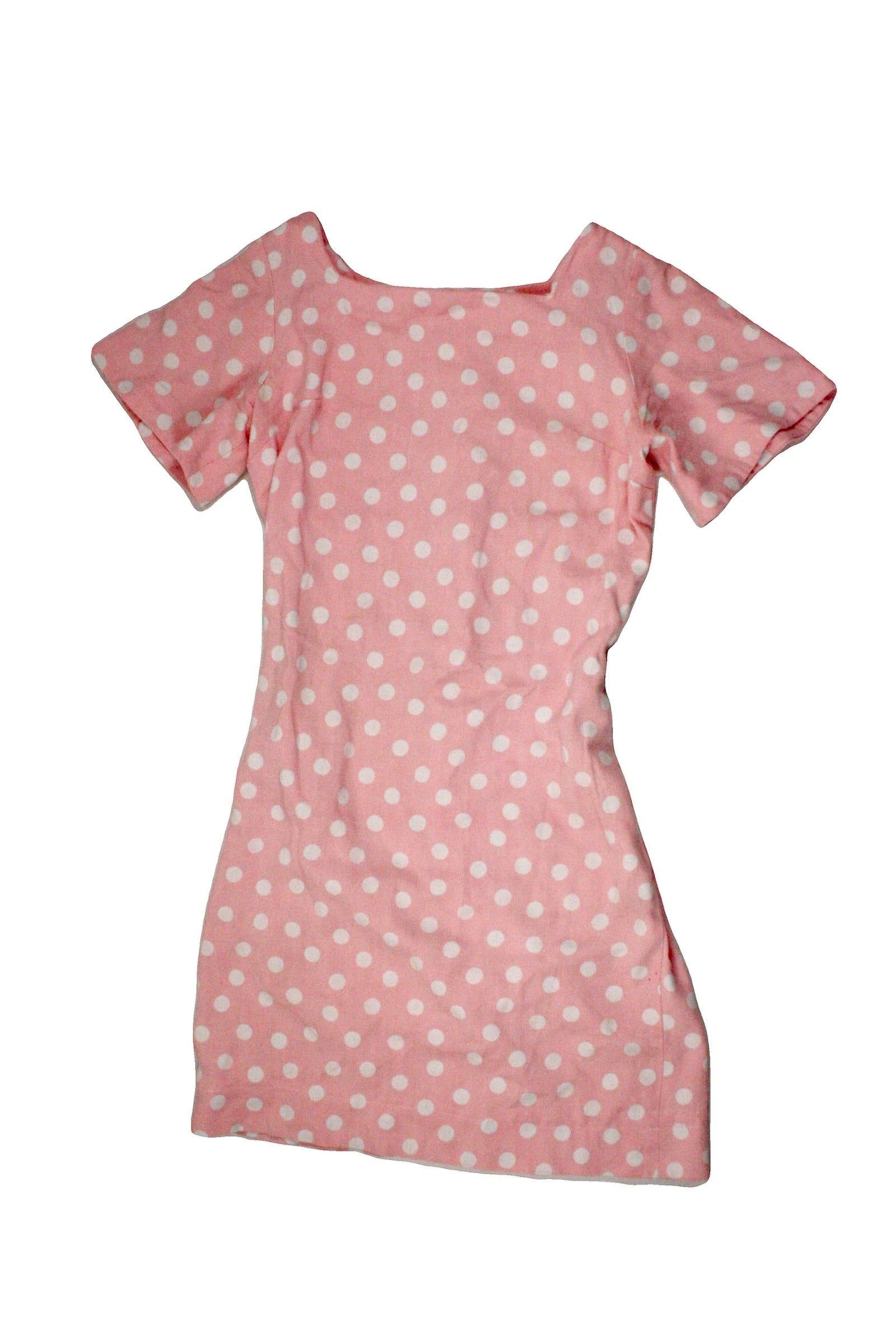 No Brand Women's Light Pink/White Polka Dot Short Sleeve Dress with Square Neck – Size M