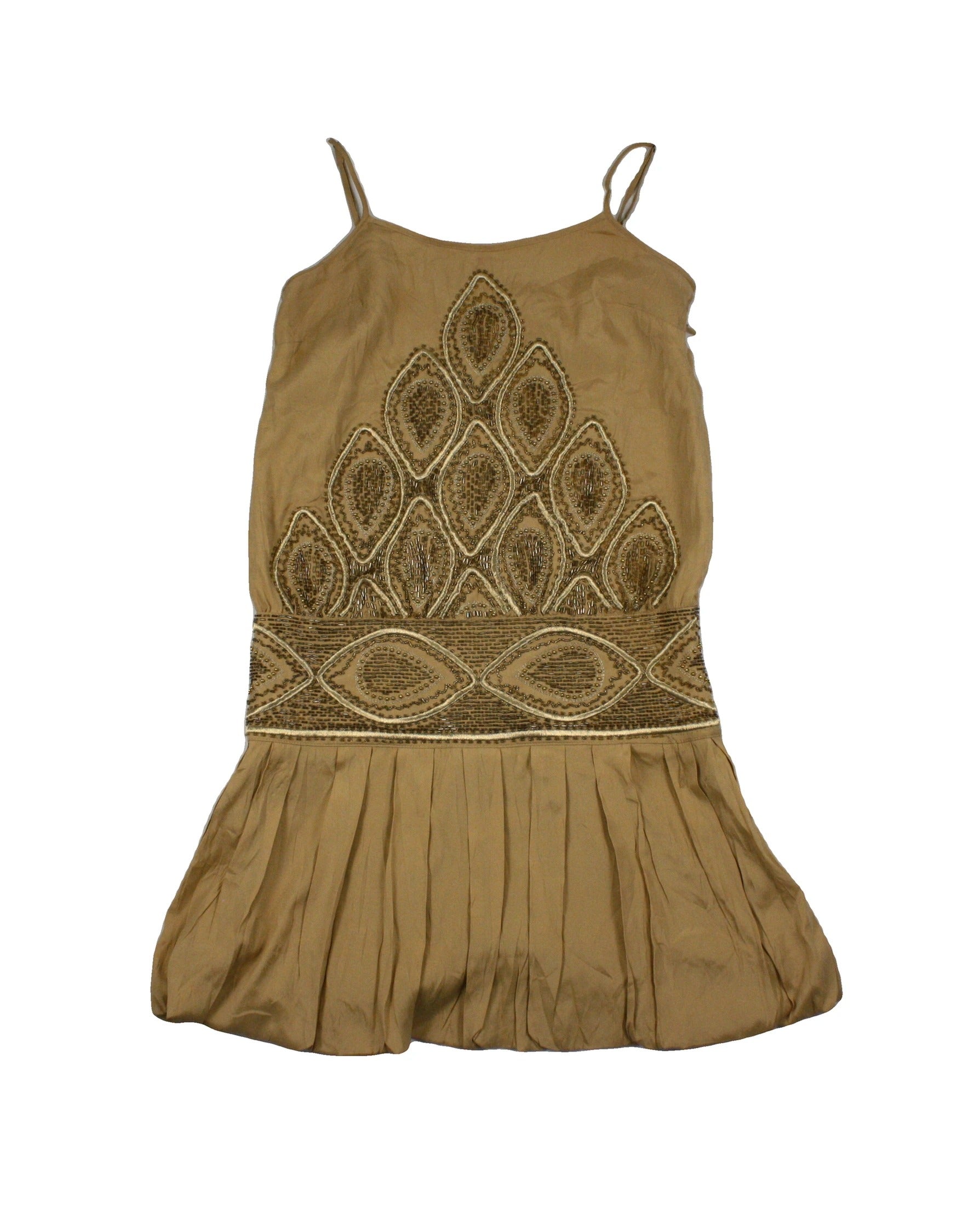 Guess by Marciano Women's Tan Silk Spaghetti Strap Mini Dress with Beaded Embroidery – Size XS