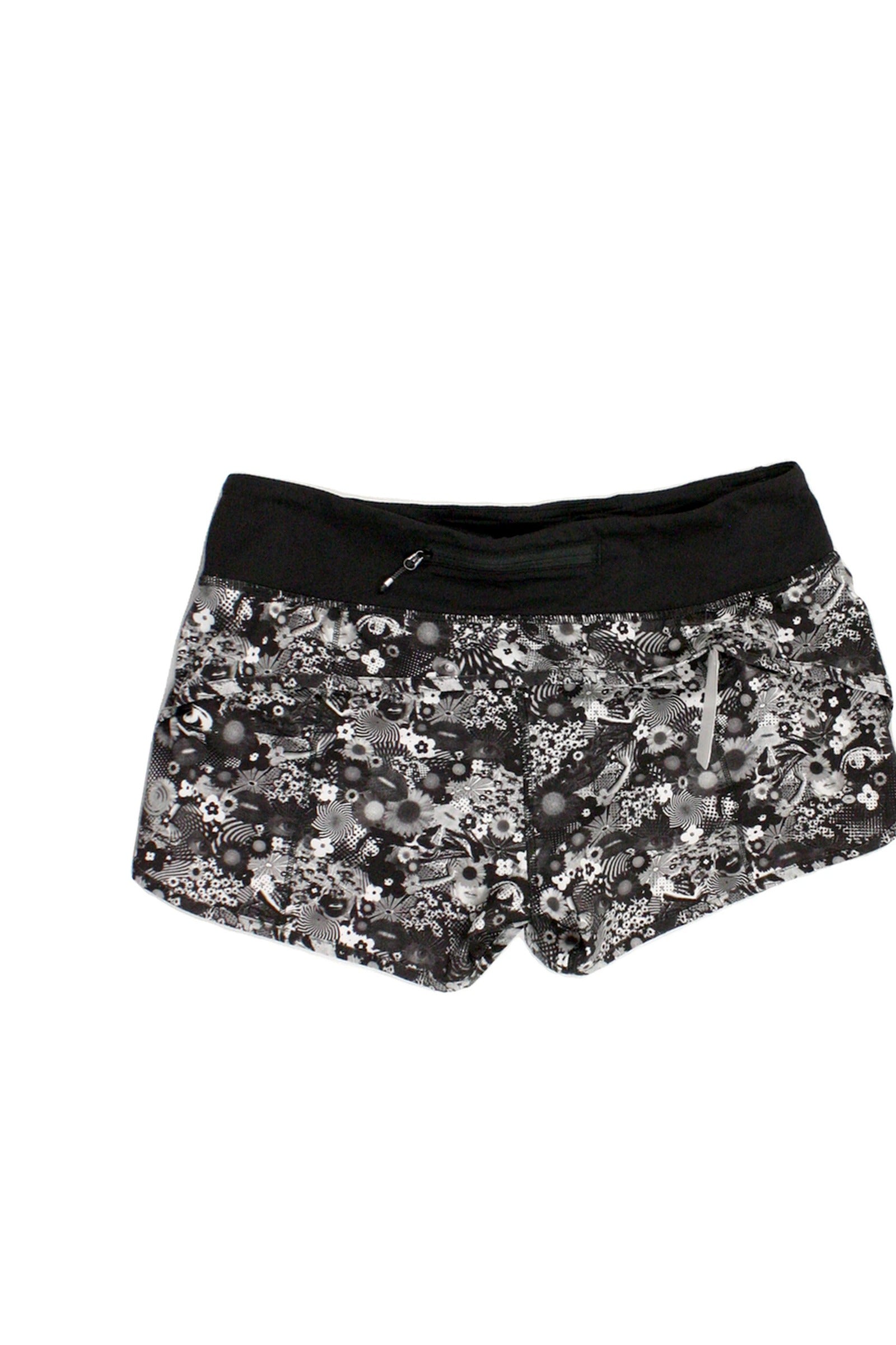 Lululemon Women's Black/White Floral Abstract Athletic Shorts with Low Rise and Back Zip – Size 6 / W27