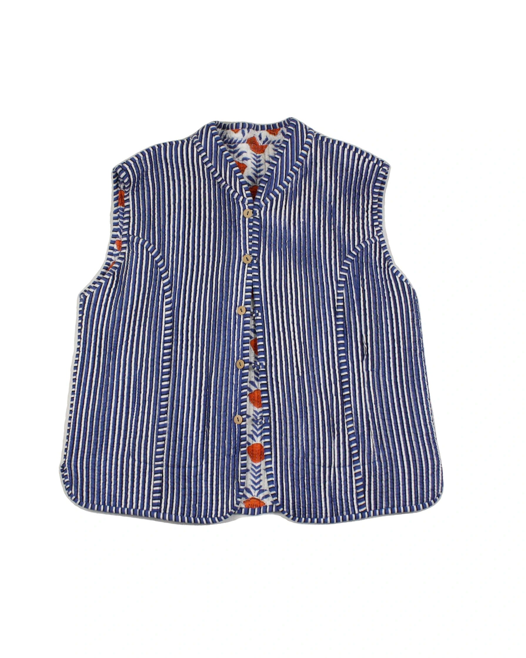 Women's White/Blue/Orange/Black Quilted Floral Vest – Size L