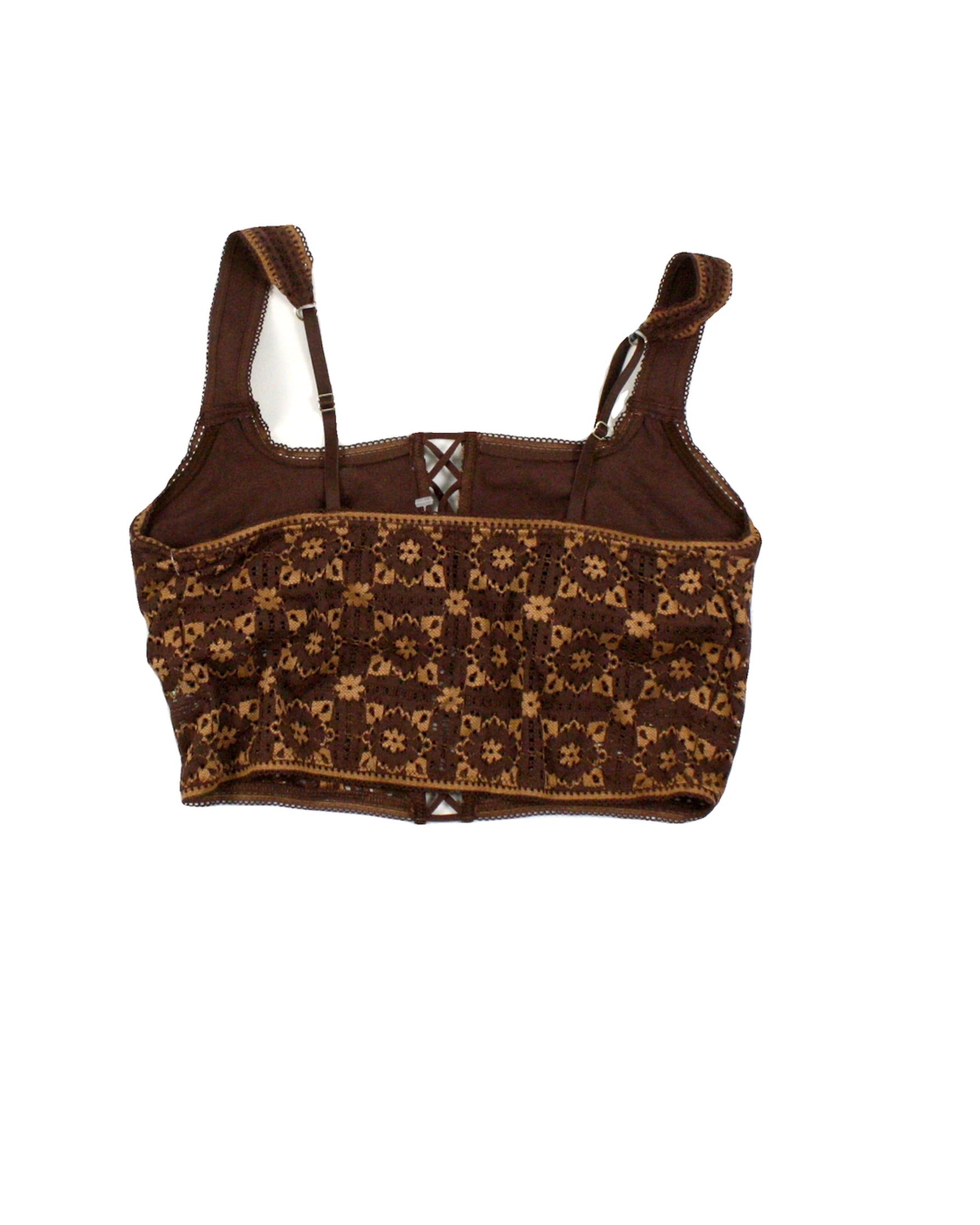Women's Brown and Tan Cropped Lace Sleeveless Top