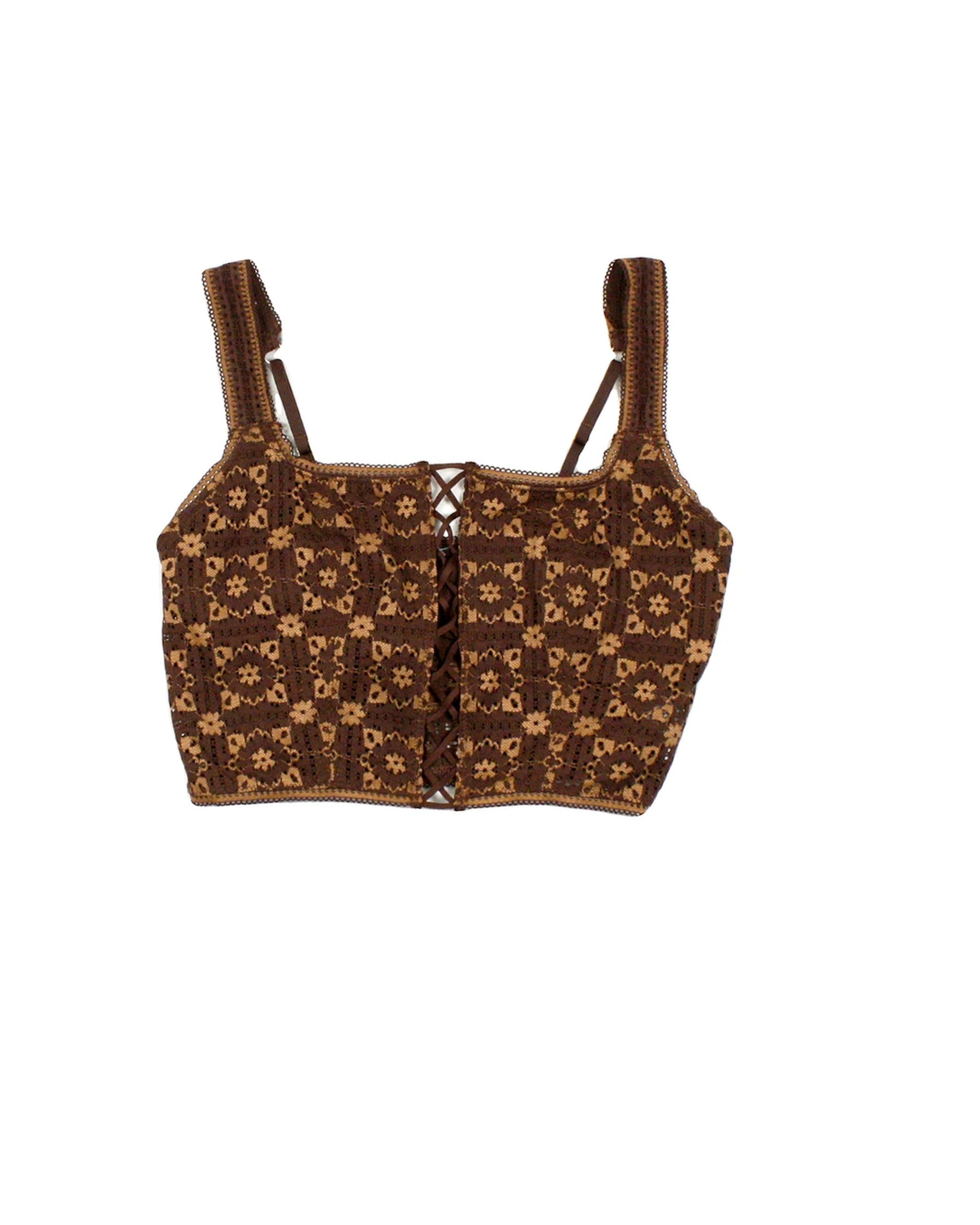 Women's Brown and Tan Cropped Lace Sleeveless Top
