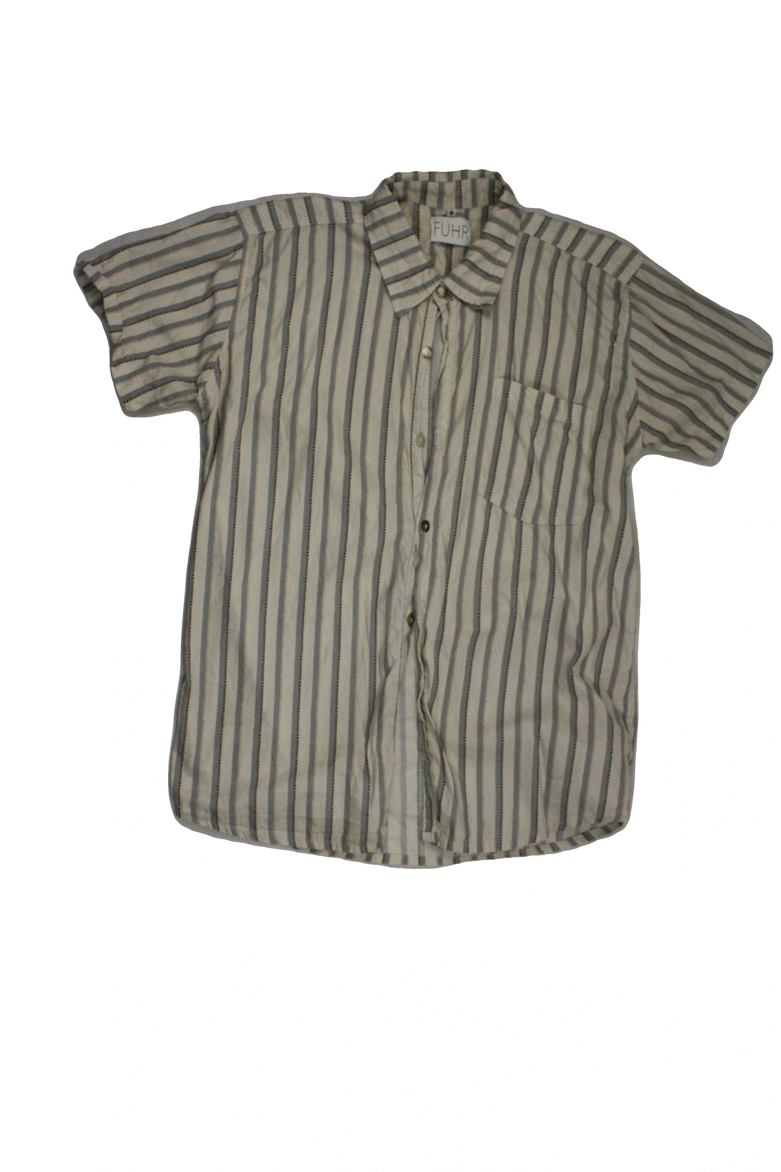 Fuhr Men's Cream, Grey, and Black Striped Short Sleeve Shirt – Size M