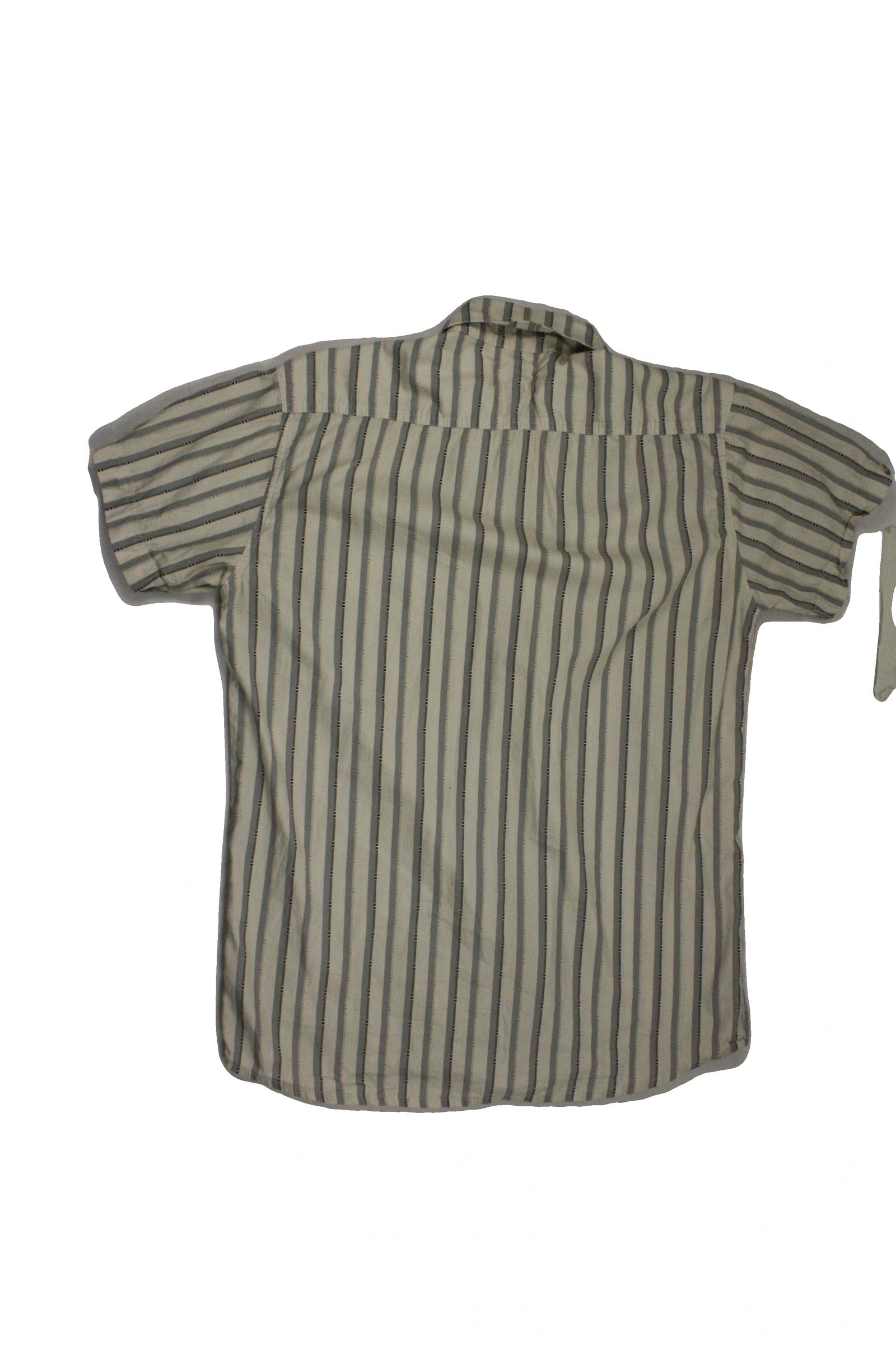 Fuhr Men's Cream, Grey, and Black Striped Short Sleeve Shirt – Size M
