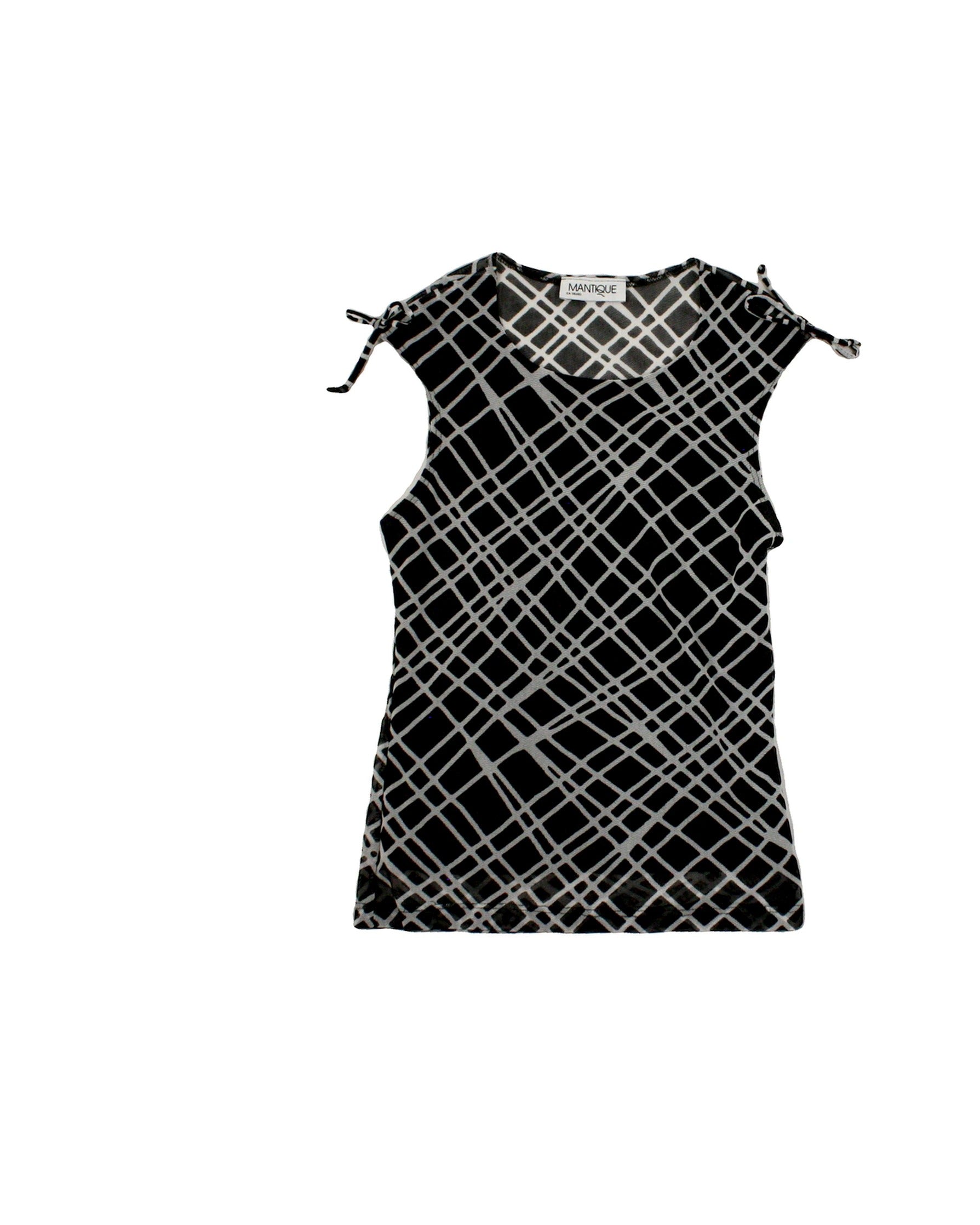 Mantique Women's Black and White Sleeveless Abstract Print Top with Shoulder Bows