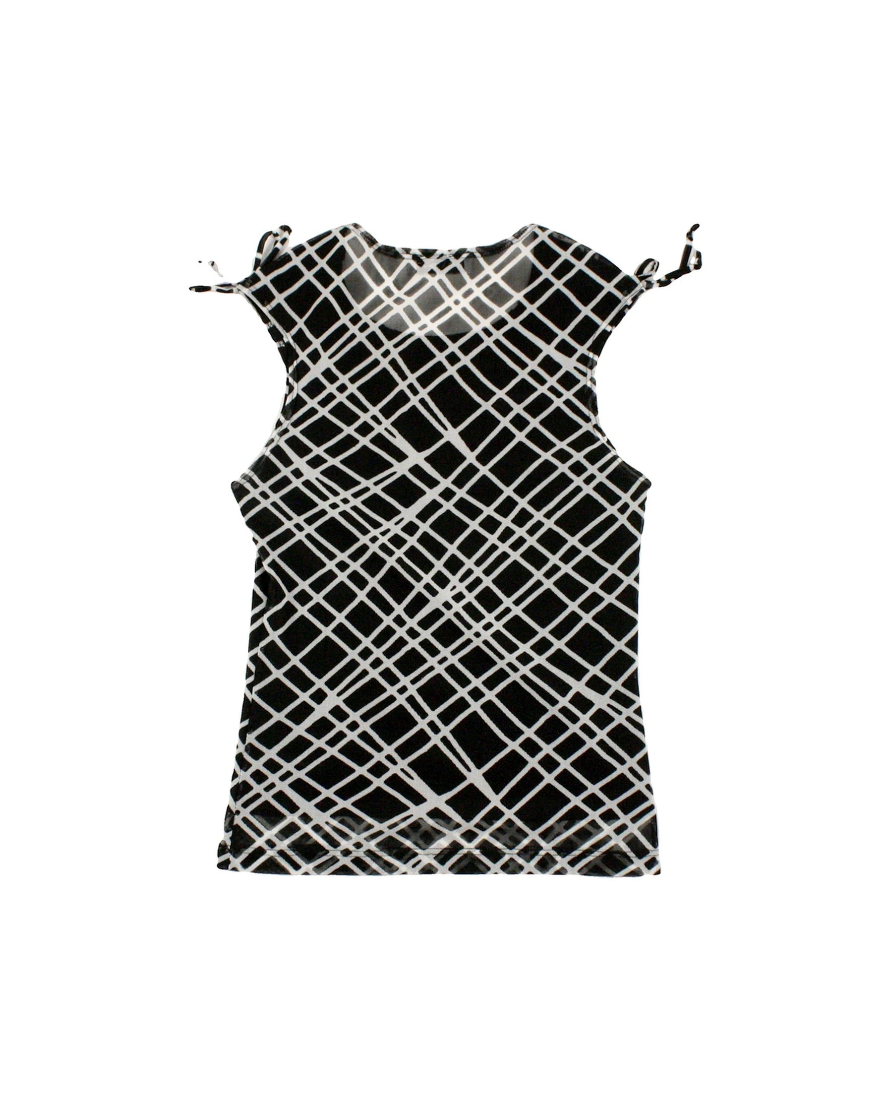 Mantique Women's Black and White Sleeveless Abstract Print Top with Shoulder Bows