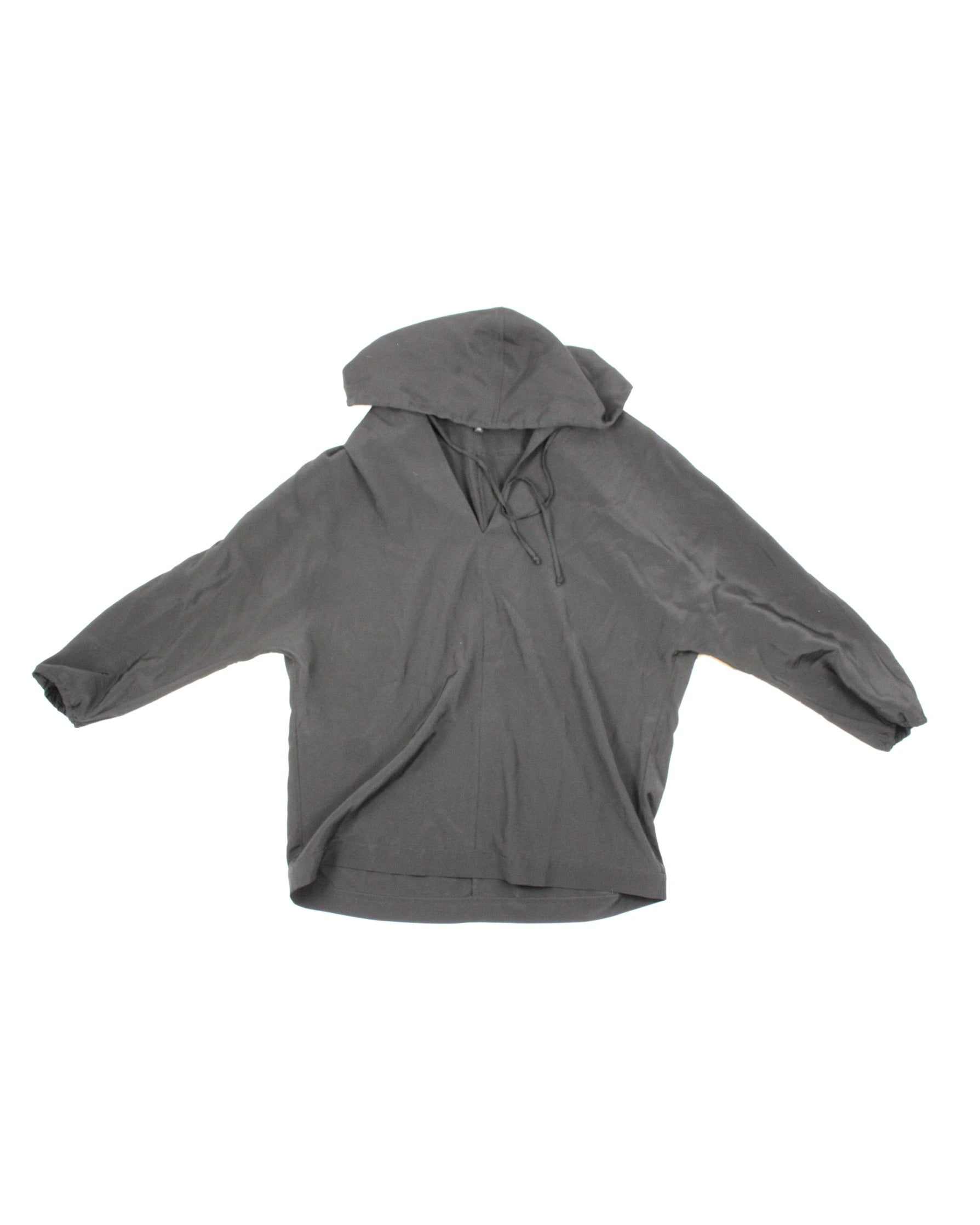 Tibi Women's Black Silk Hooded Sweatshirt with Batwing Sleeves – Size XS