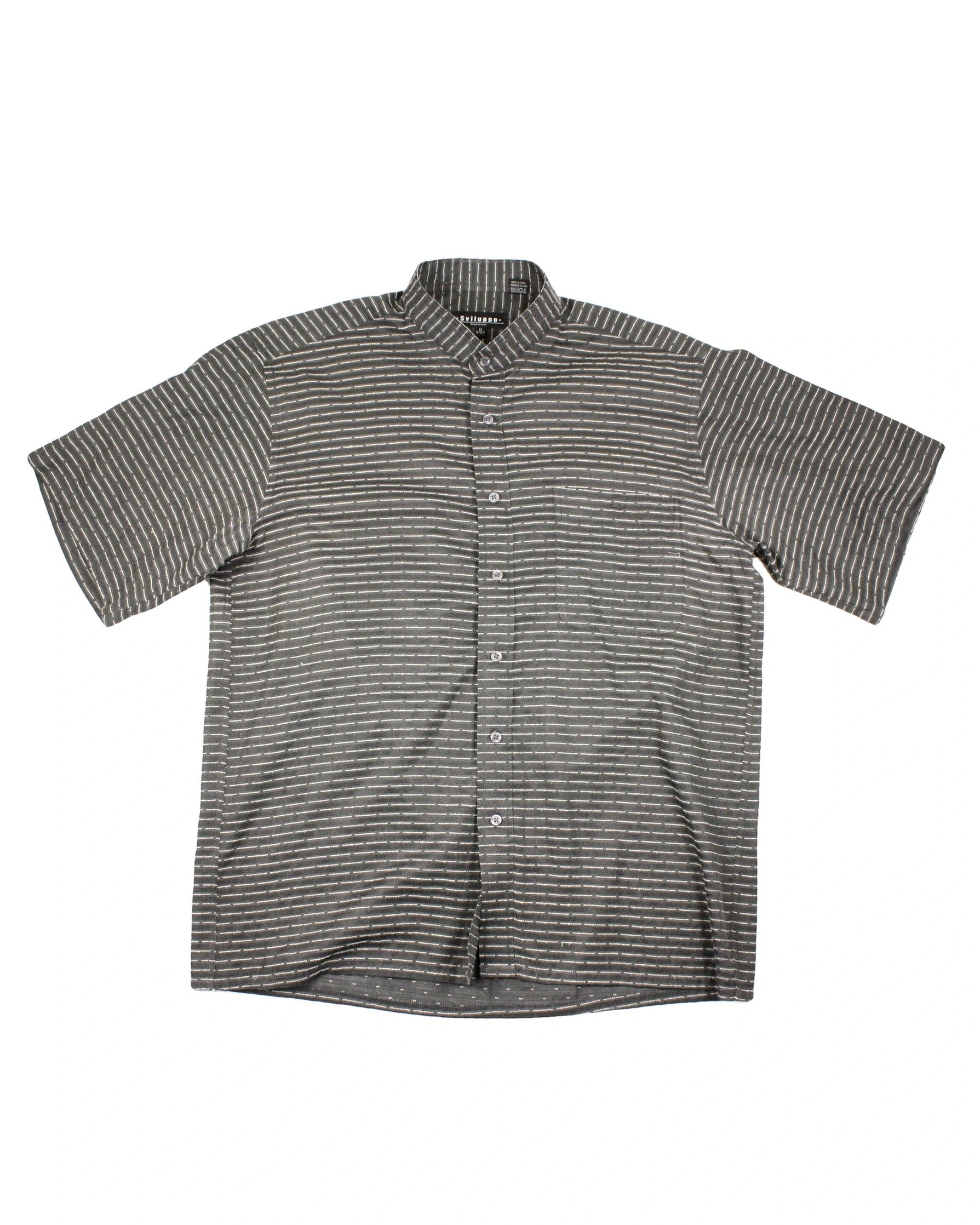 Sviluppo Men's Dark Grey and Cream Striped Short Sleeve Shirt – Size M