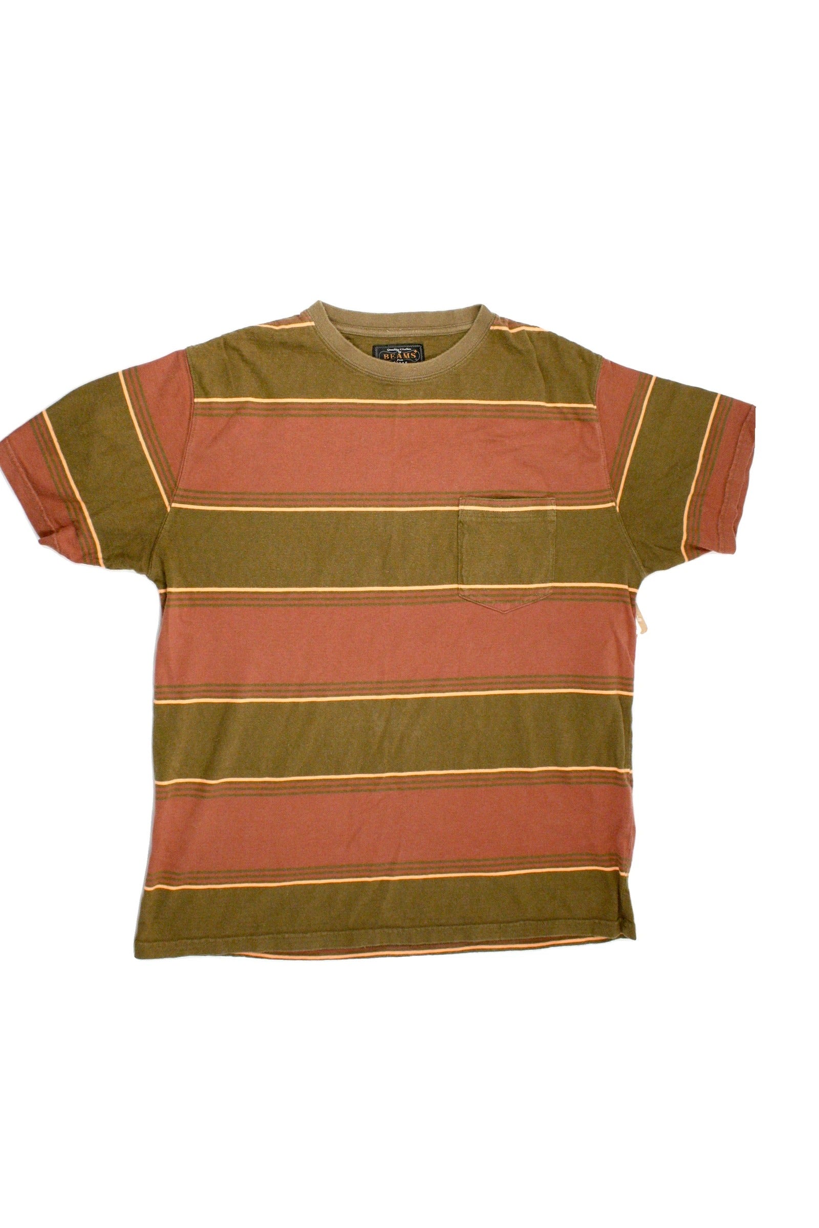 BEAMS Men's Olive, Maroon, and Salmon Striped T-Shirt – Size L