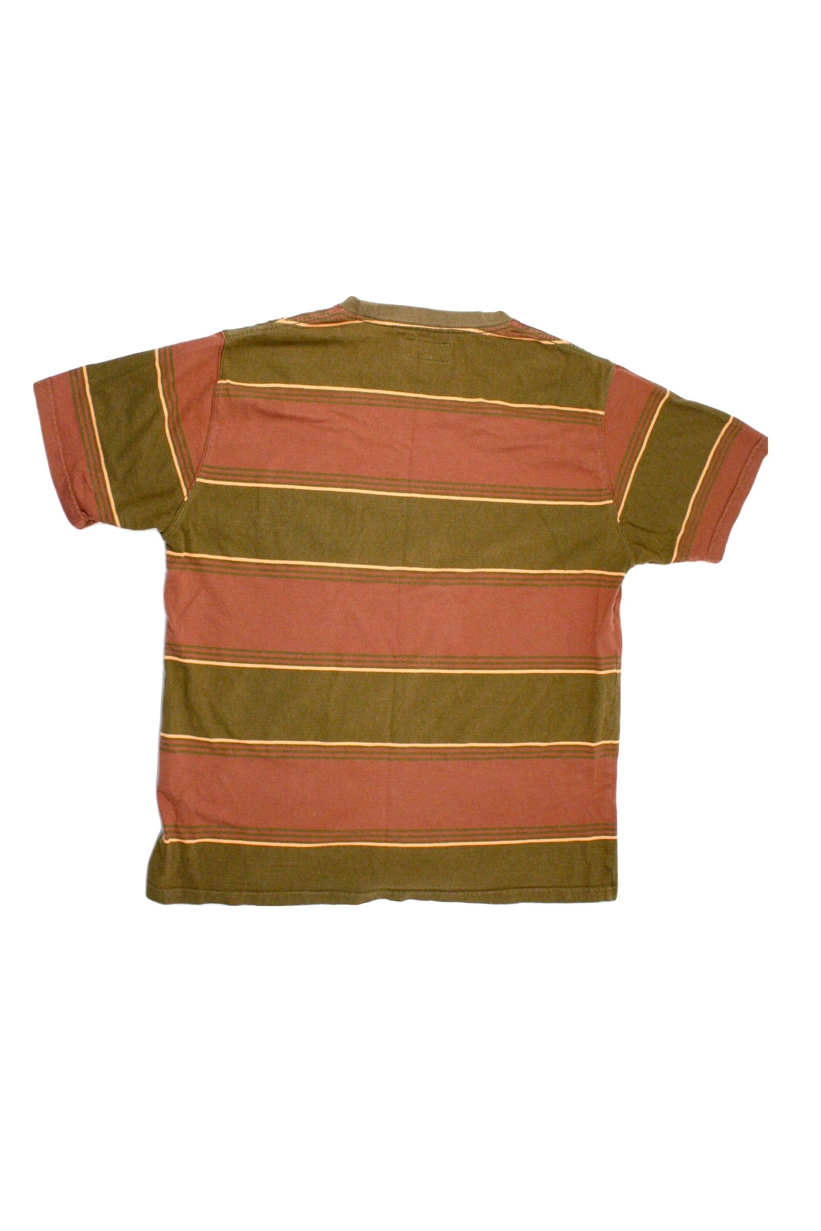 BEAMS Men's Olive, Maroon, and Salmon Striped T-Shirt – Size L