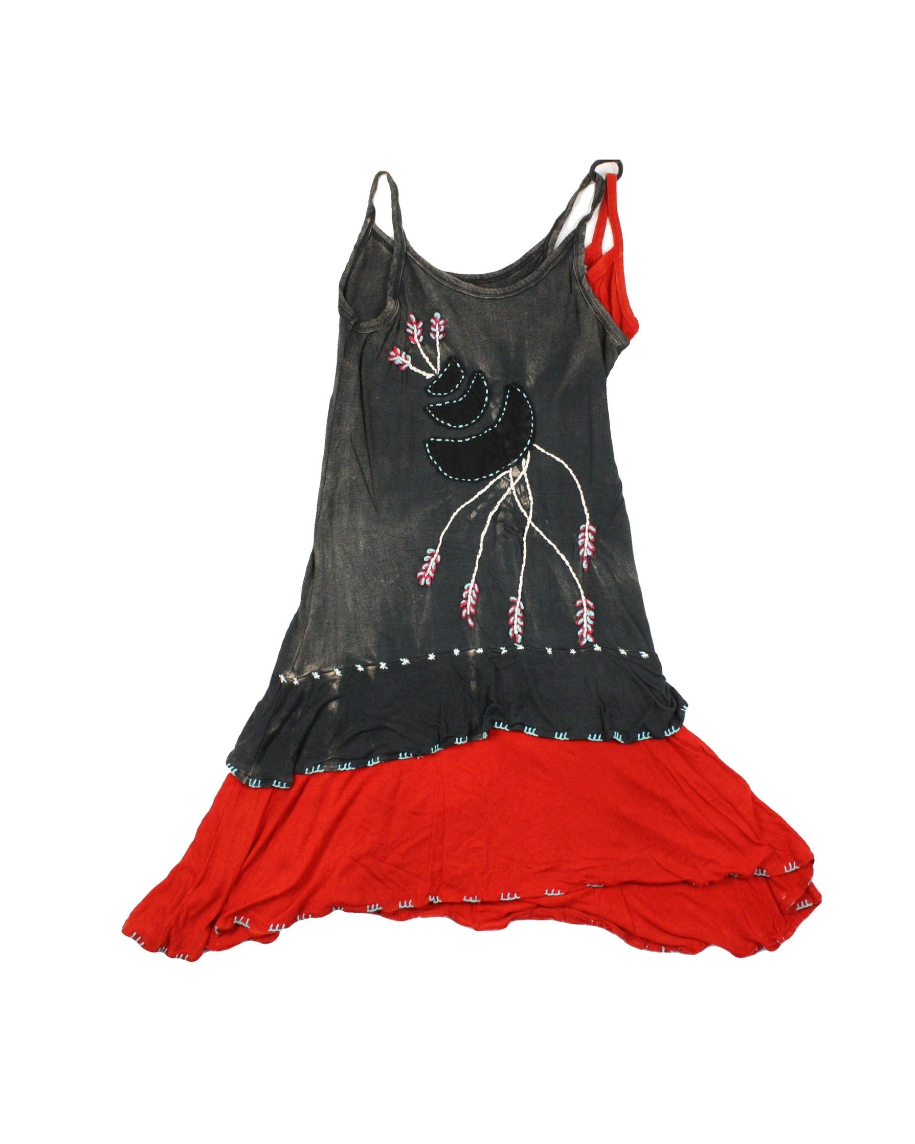 Rising International Women's Grey, Red, and Blue Embroidered Spaghetti Strap Mini Dress