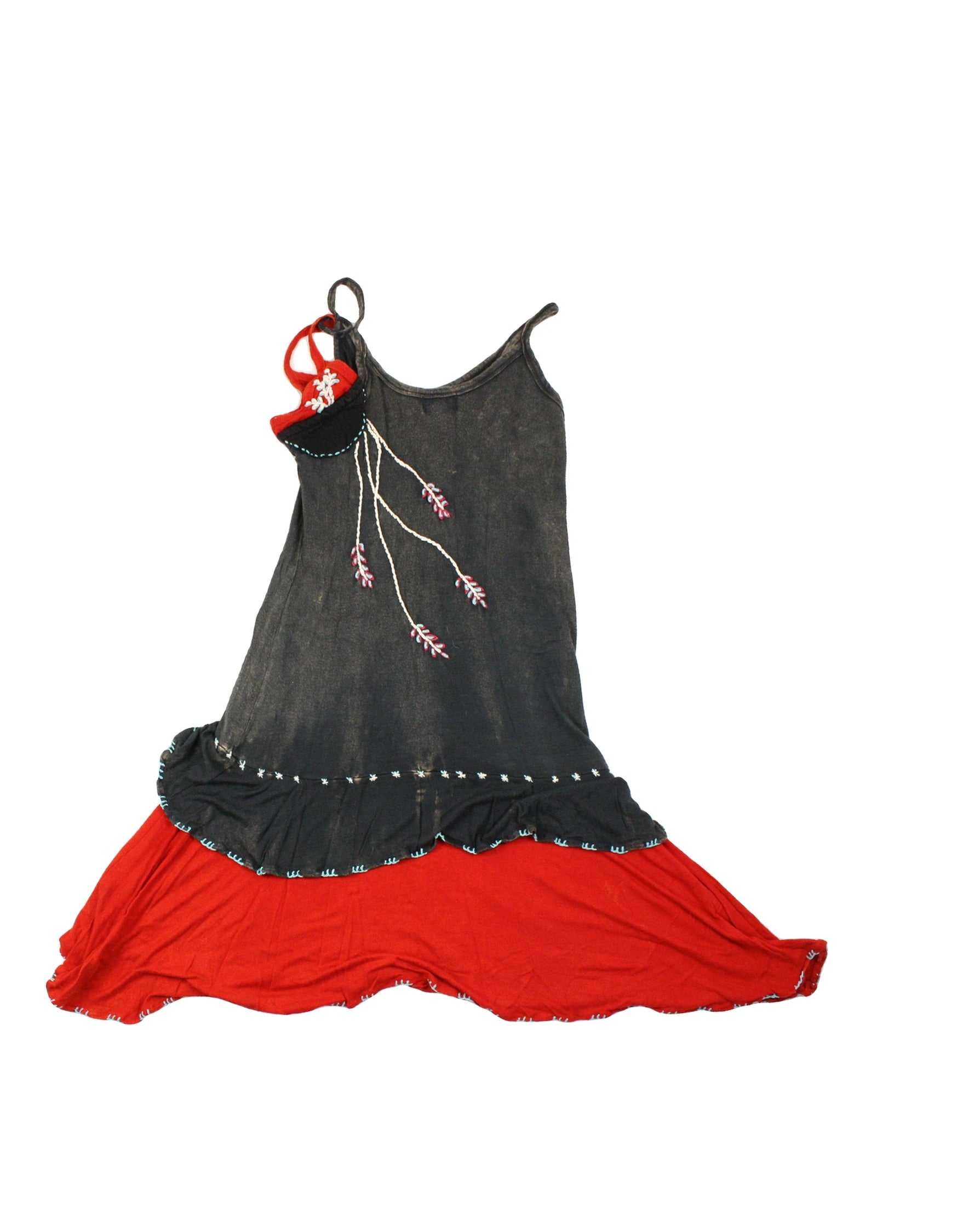 Rising International Women's Grey, Red, and Blue Embroidered Spaghetti Strap Mini Dress