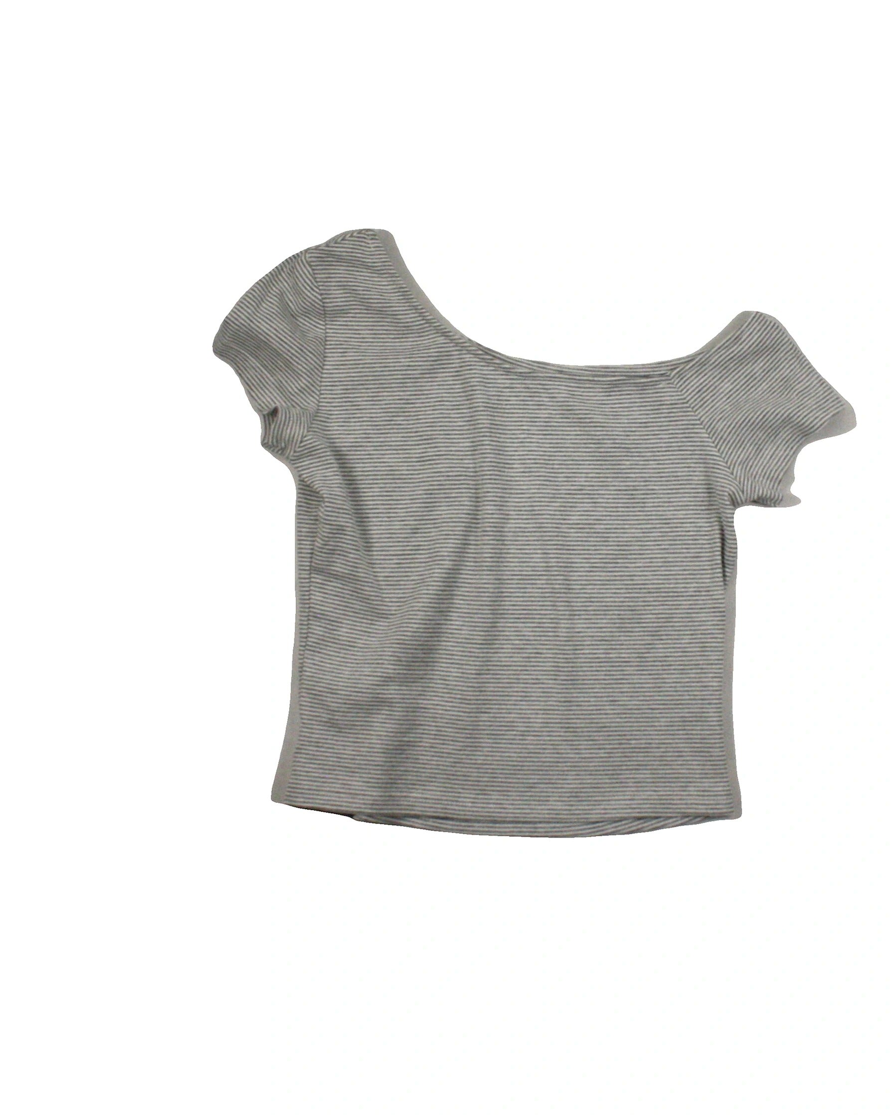 Women's Grey and White Striped Short Sleeve Top with Asymmetrical Neckline