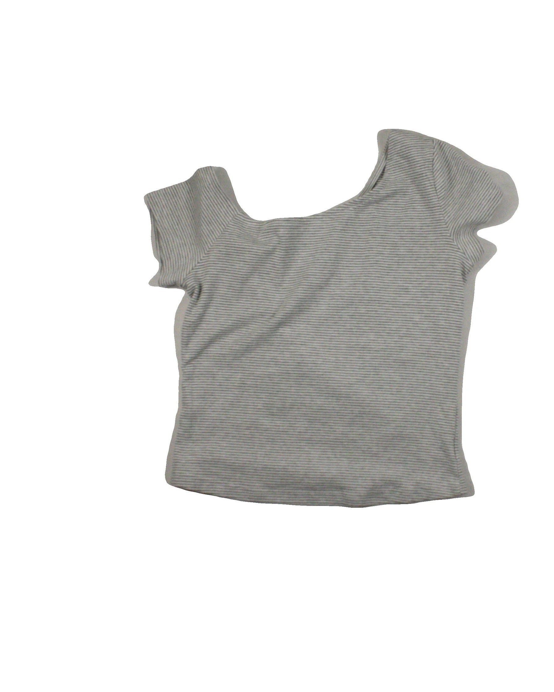 Women's Grey and White Striped Short Sleeve Top with Asymmetrical Neckline