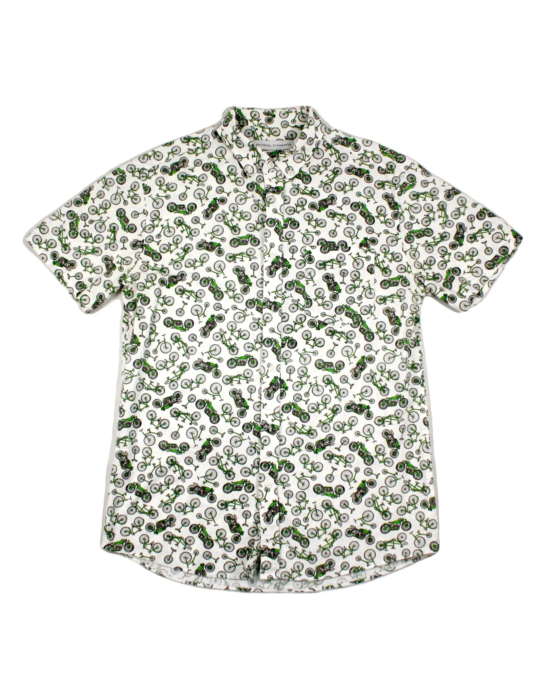 National Standards Men's White, Green, and Black Bicycle Graphic Short Sleeve Shirt – Size M