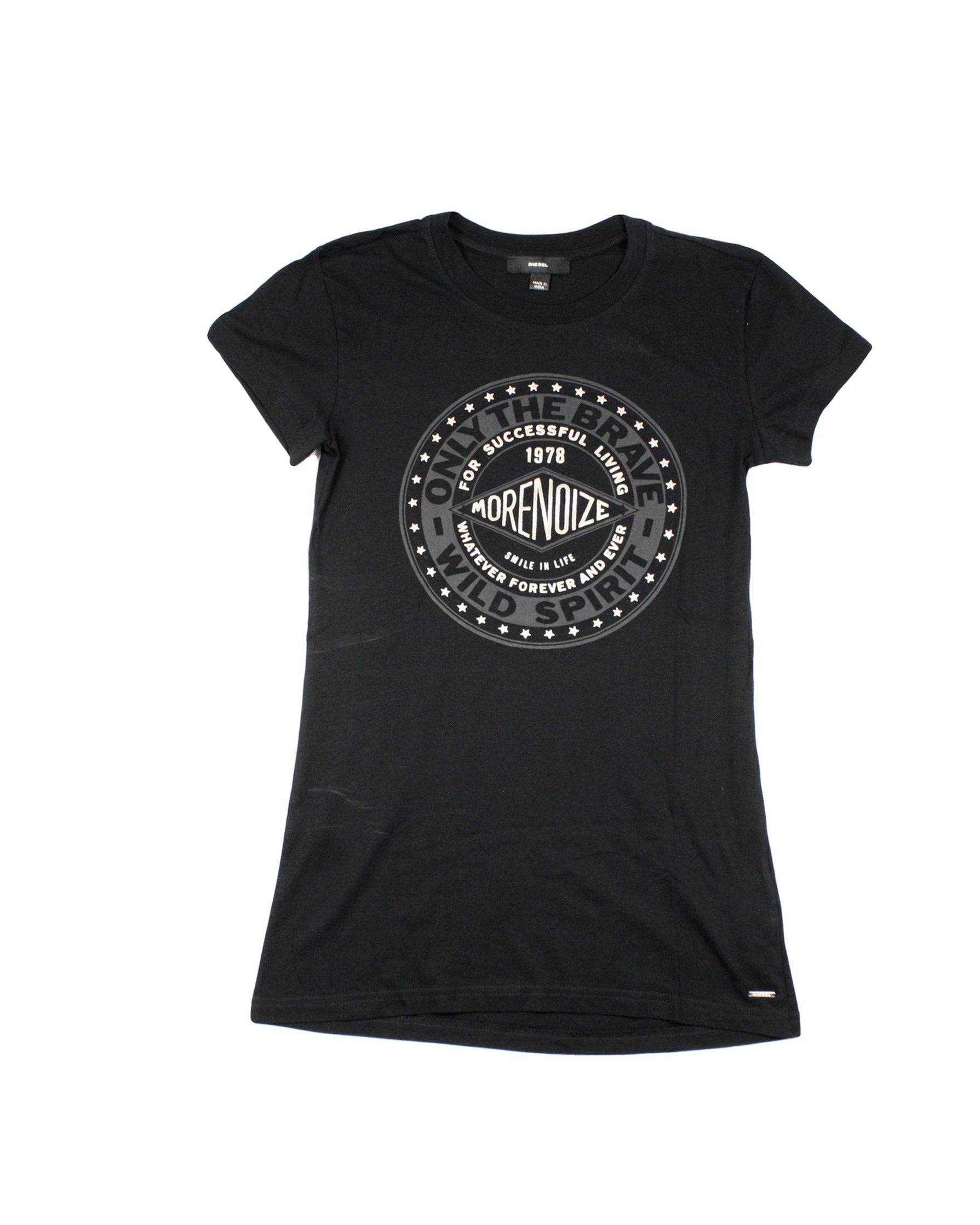 Diesel Women's Black and Silver Graphic T-Shirt with Crew Neck