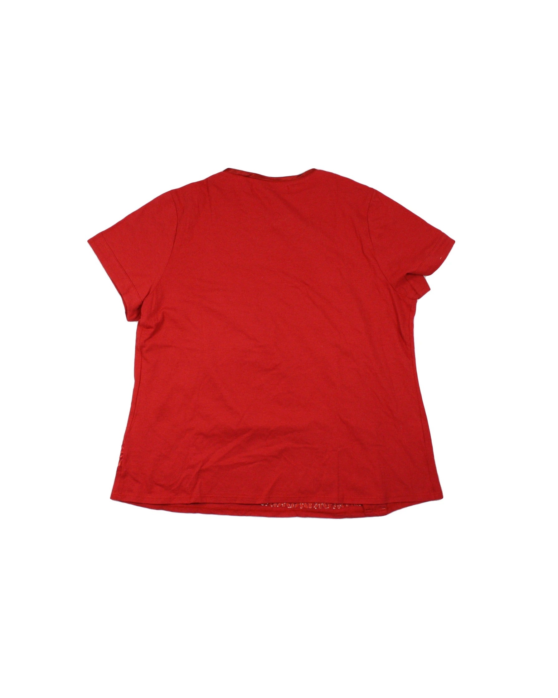 Classic Women's Red Short Sleeve Top with Mandarin Collar and Embroidered Floral Hem – Size XL