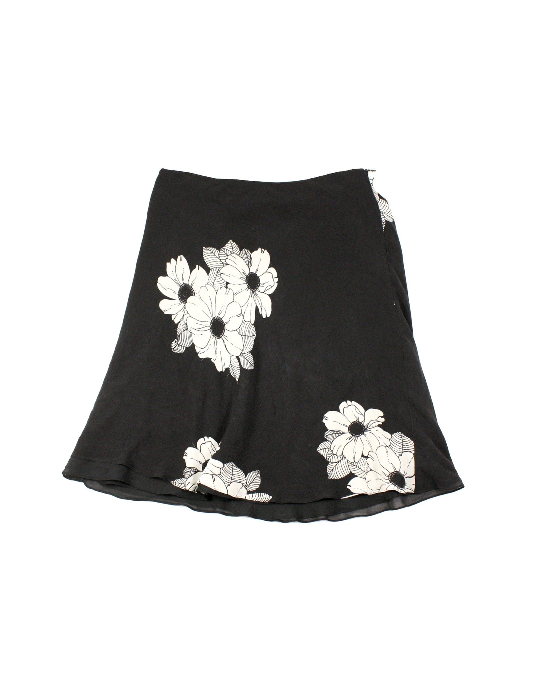 Women's Black and White Floral Midi Skirt with Back Zip – Size 28