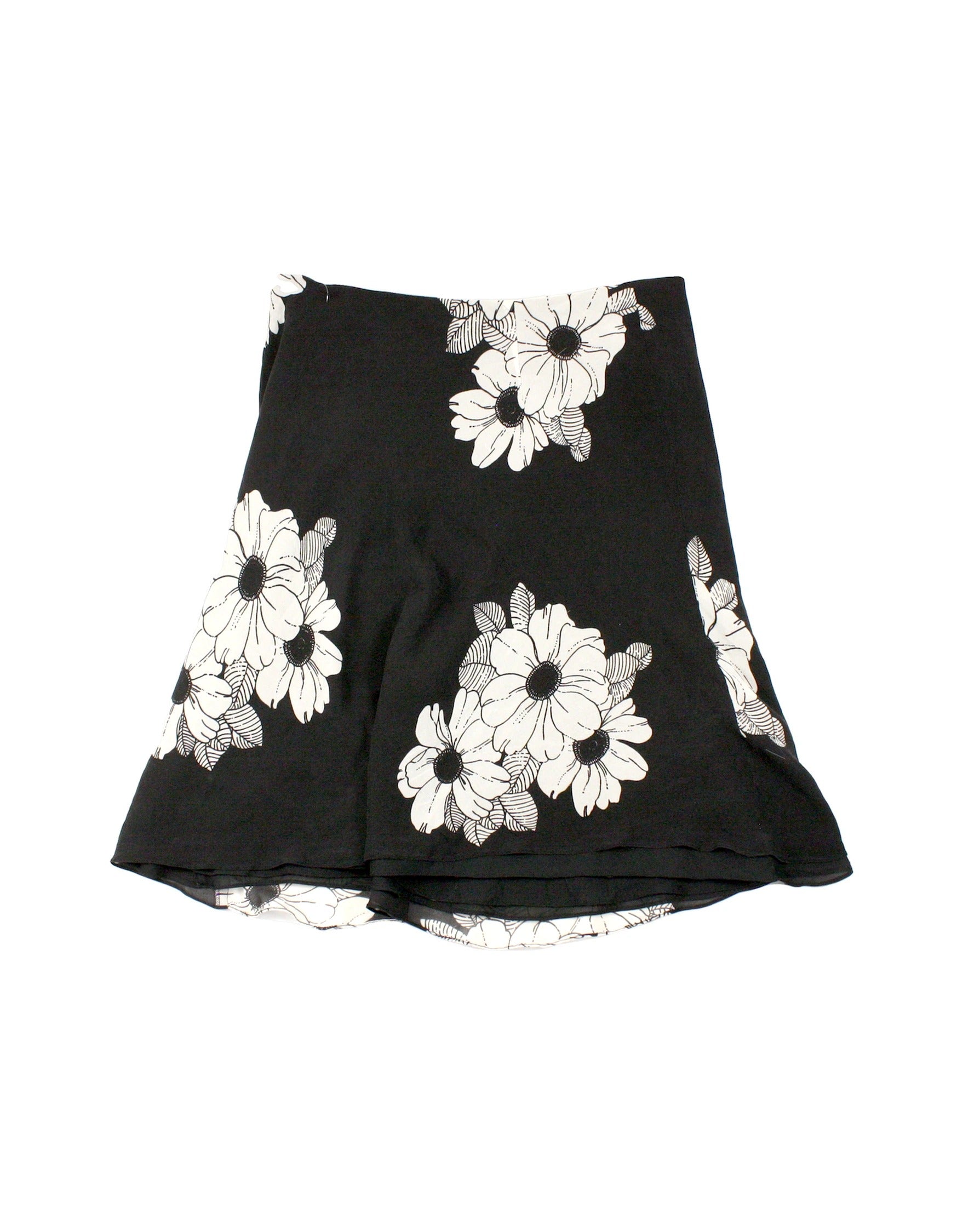 Women's Black and White Floral Midi Skirt with Back Zip – Size 28