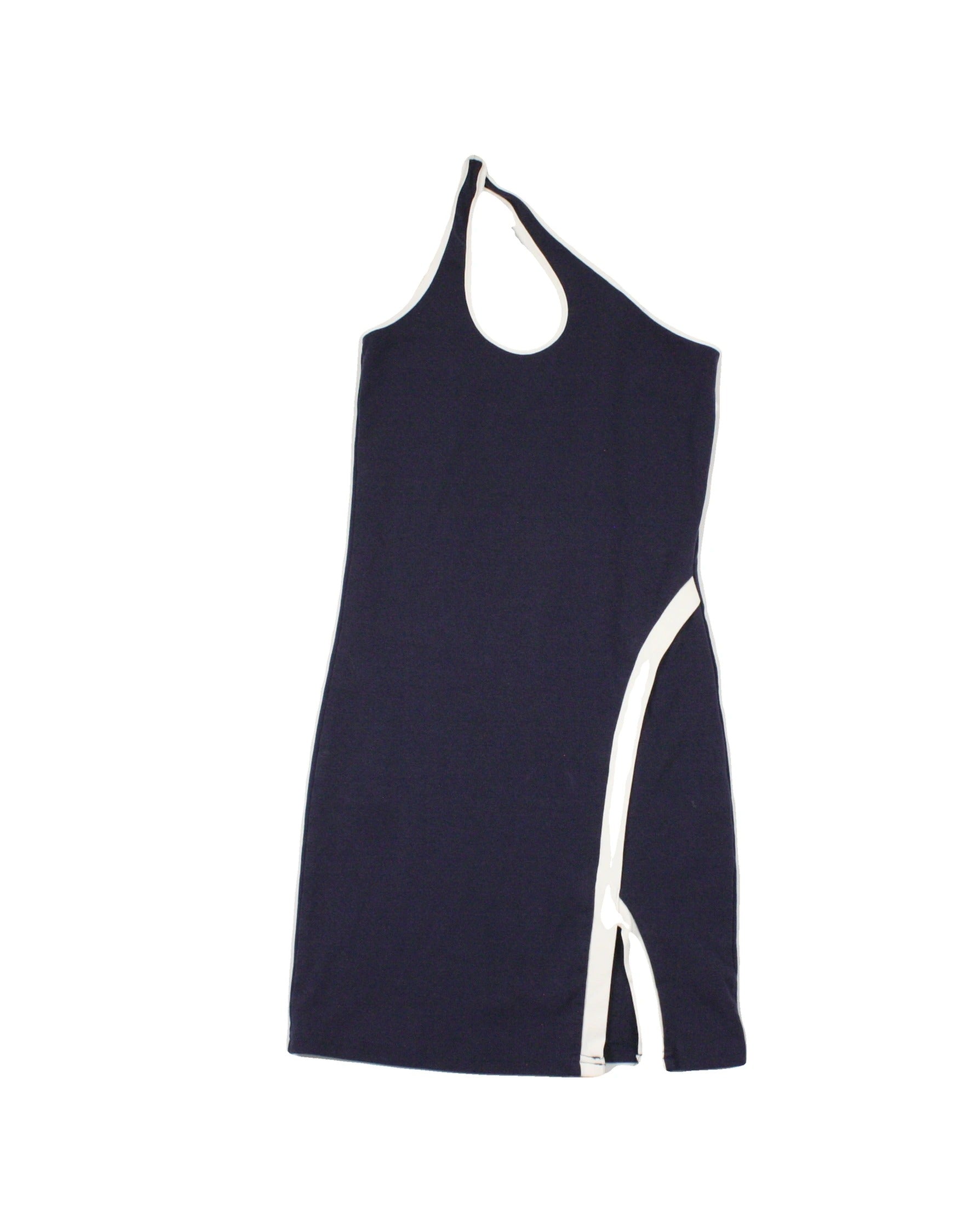 Cider Women's Navy and White One-Sleeve Mini Dress with Front Opening and Slit – Size XS