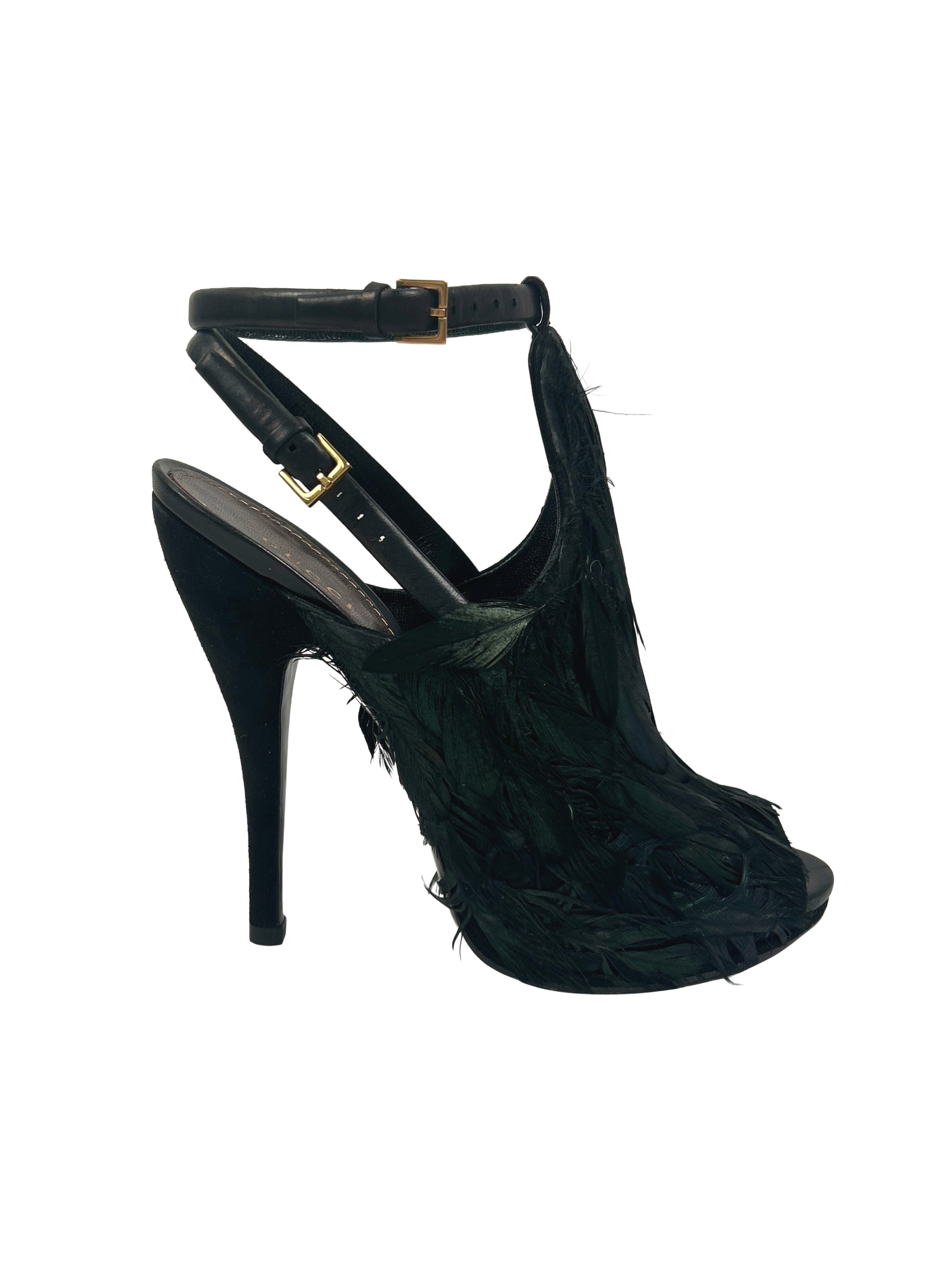 Gucci Size 38.5 Jane Feathered Peep-Toe Heels