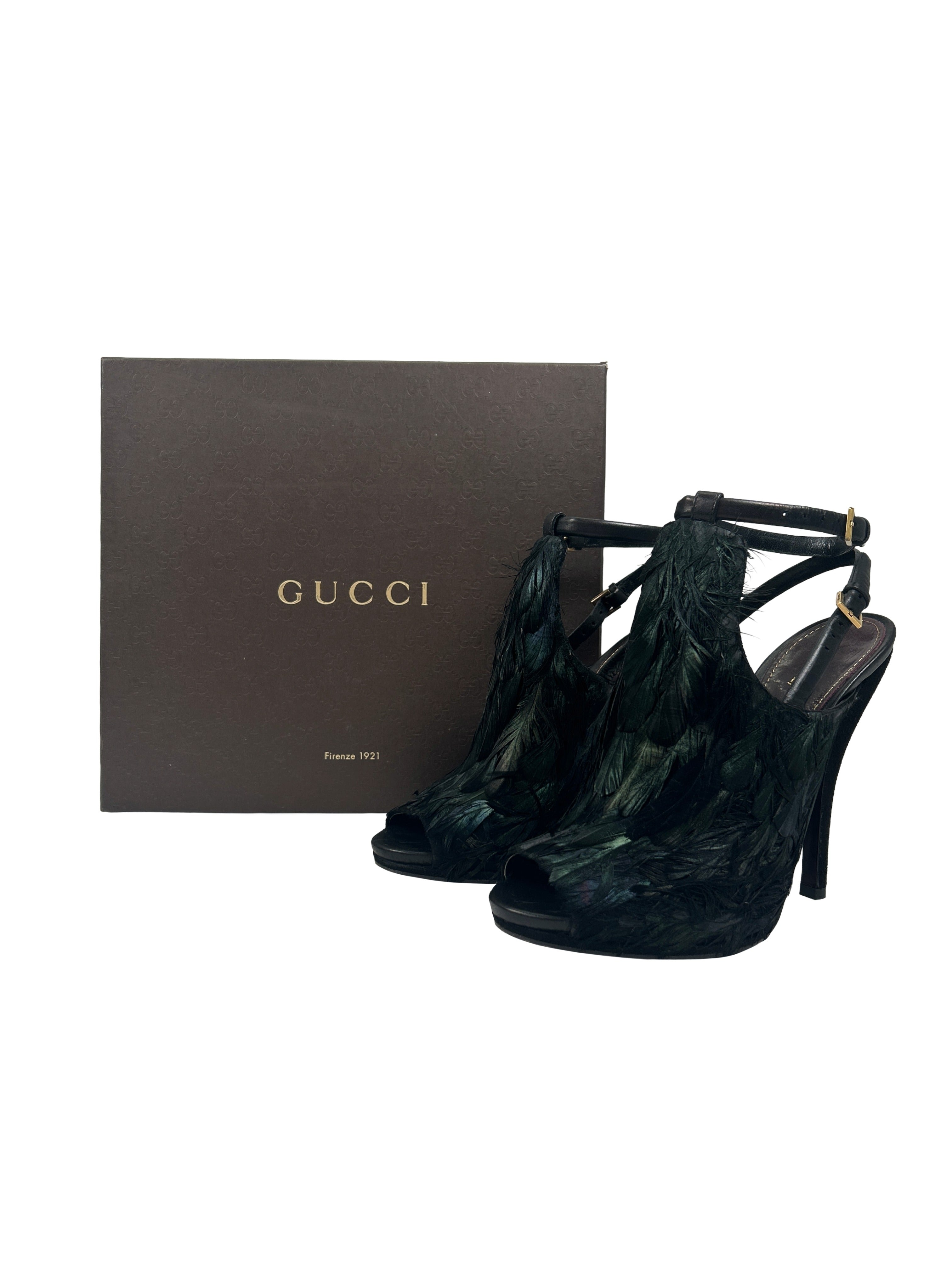 Gucci Size 38.5 Jane Feathered Peep-Toe Heels