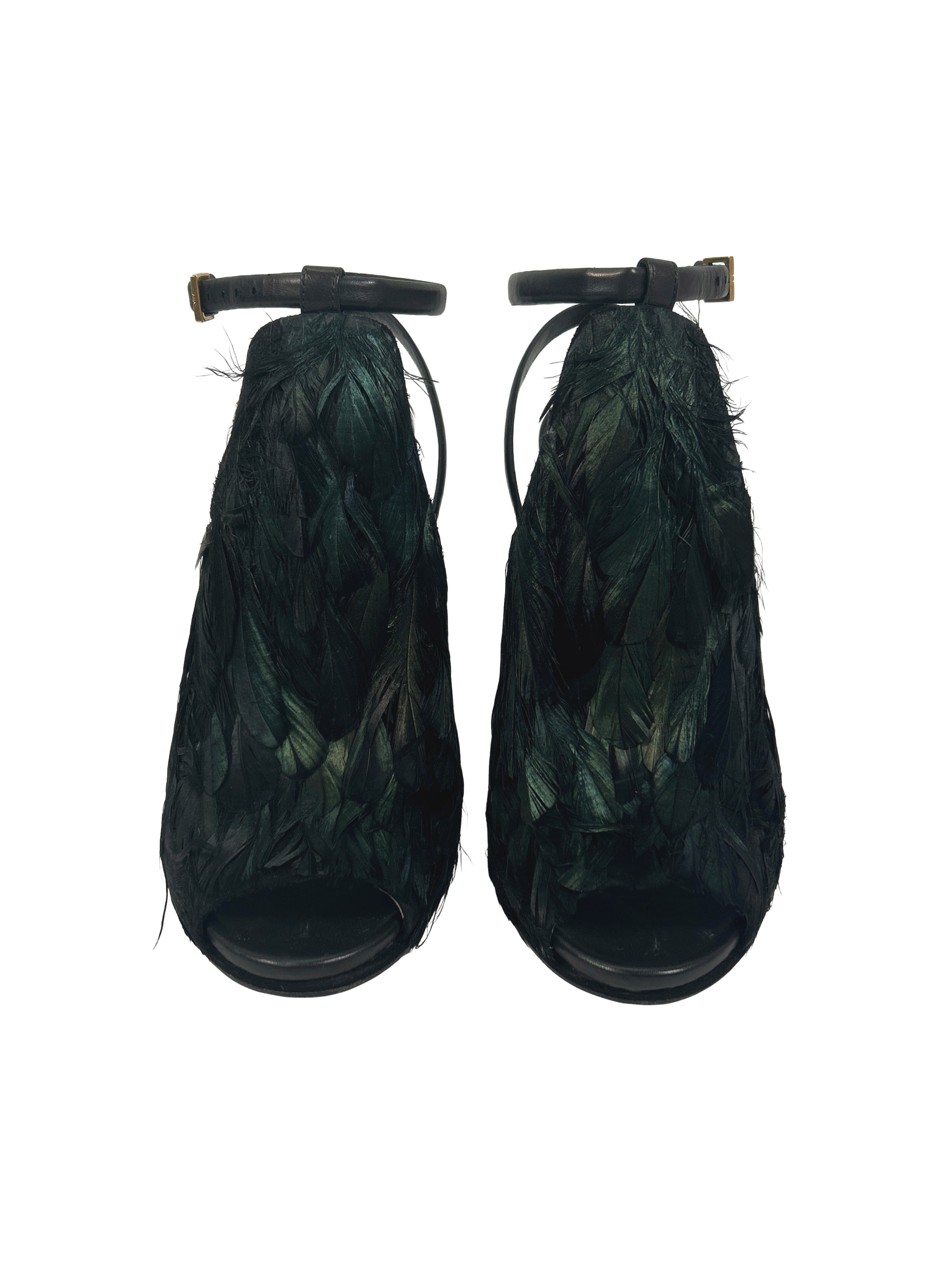 Gucci Size 38.5 Jane Feathered Peep-Toe Heels