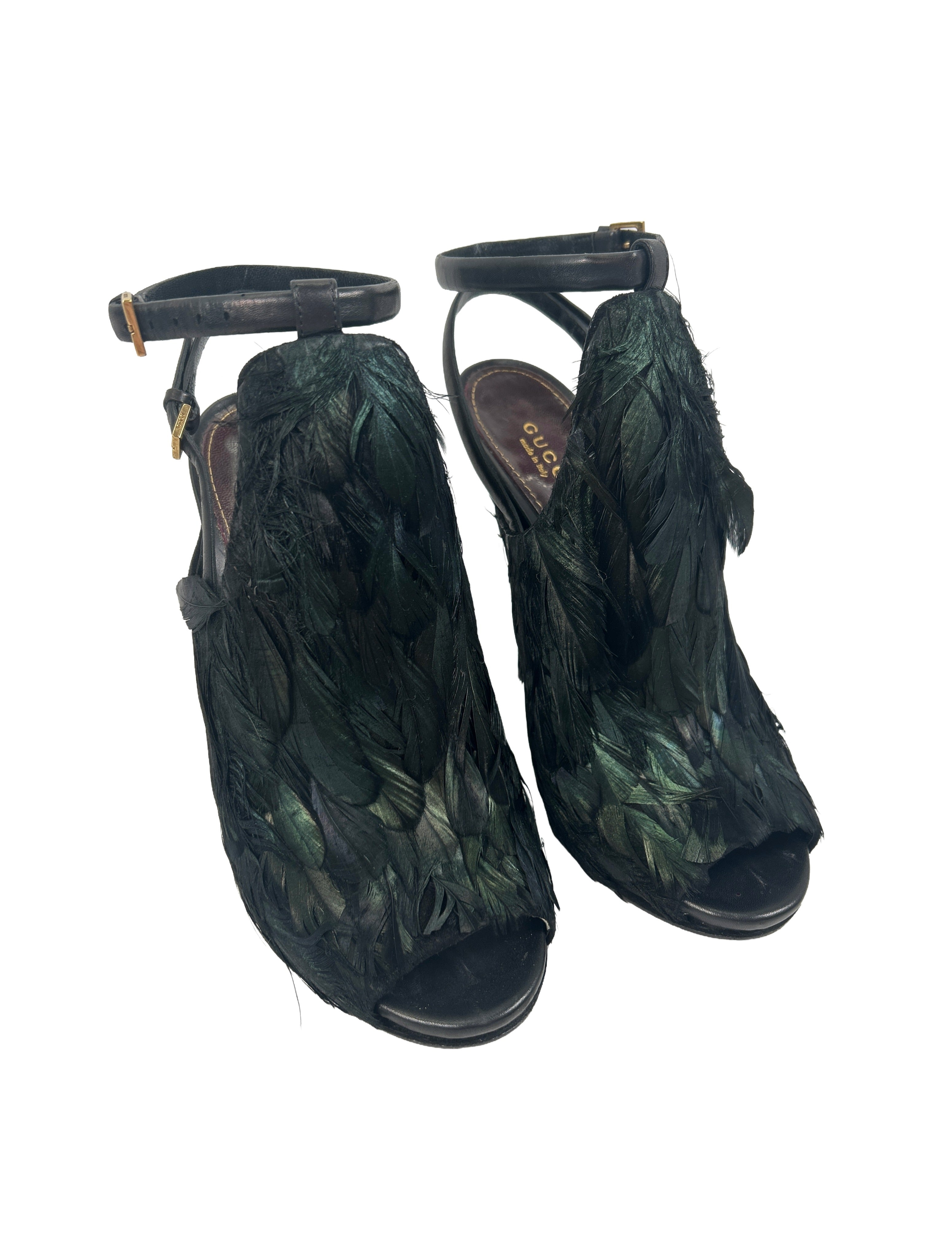 Gucci Size 38.5 Jane Feathered Peep-Toe Heels