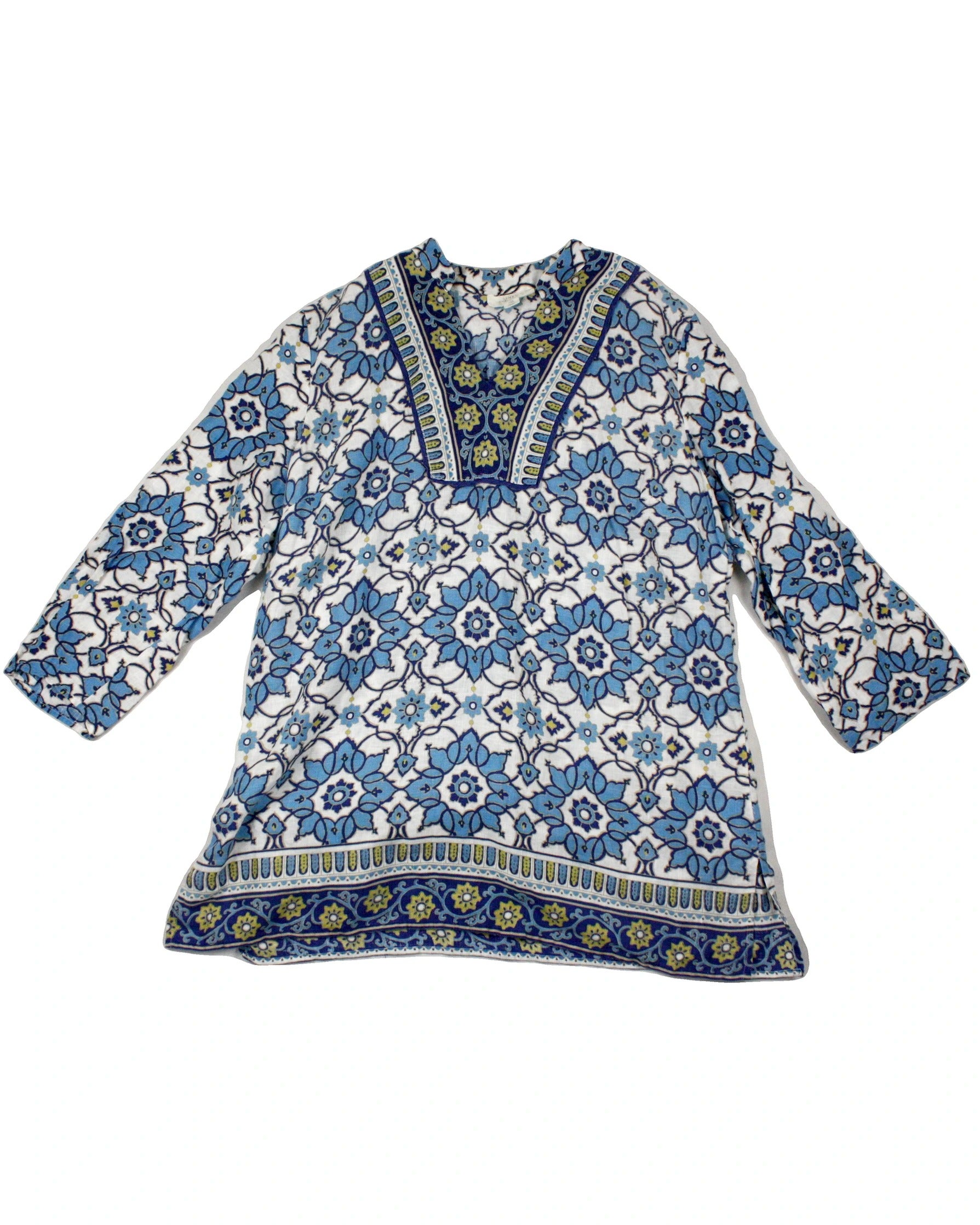 Charter Club Women's Blue, White, Dark Blue and Yellow Linen Long Sleeve Tunic – Size L