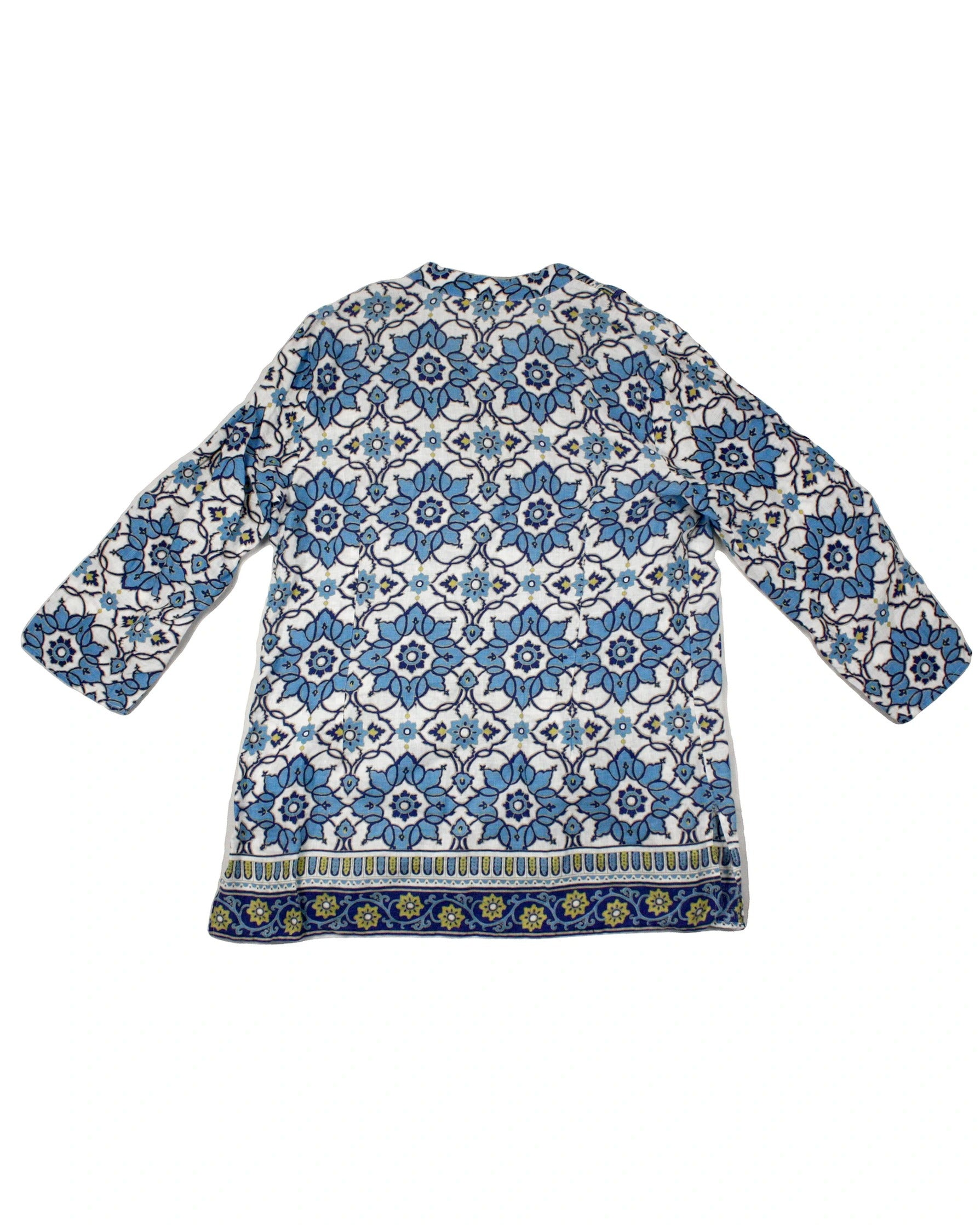 Charter Club Women's Blue, White, Dark Blue and Yellow Linen Long Sleeve Tunic – Size L