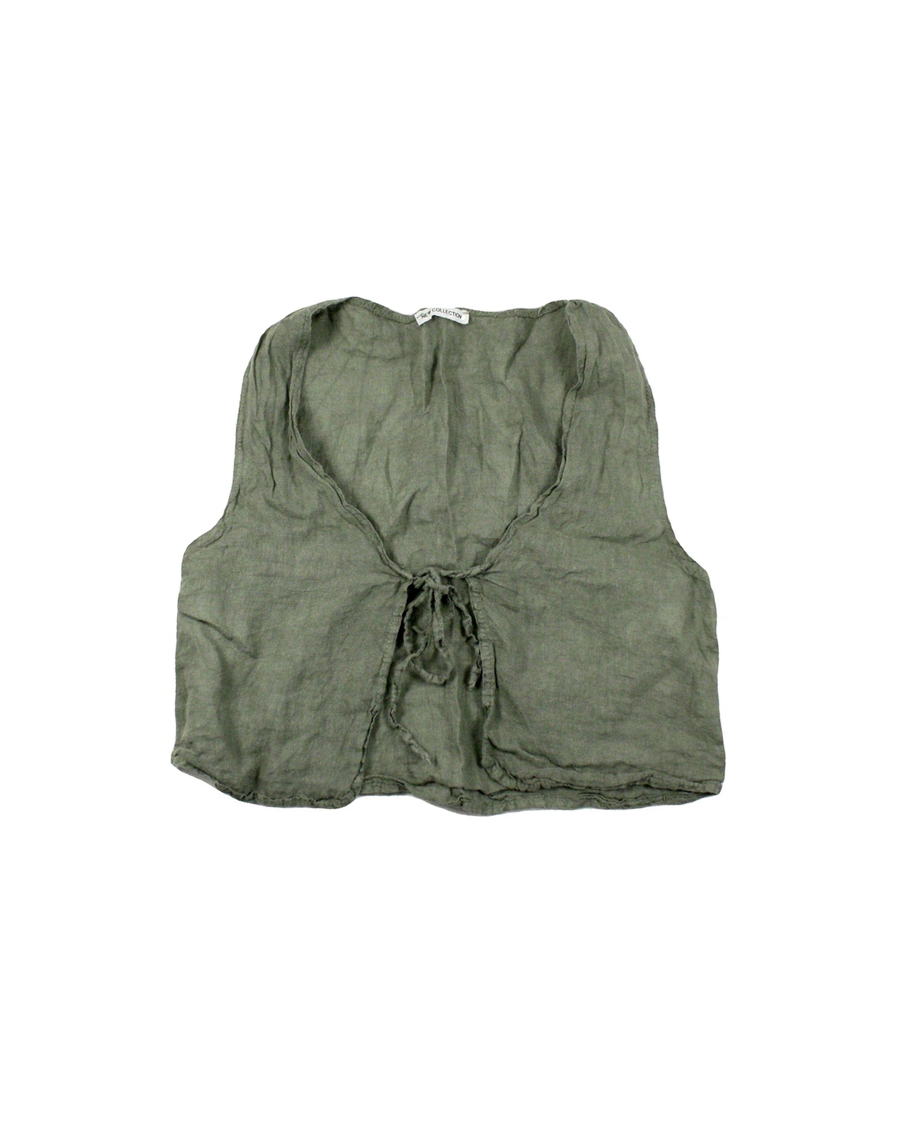 New Collection Women's Olive Linen Sleeveless Tie-Front Top – As Is