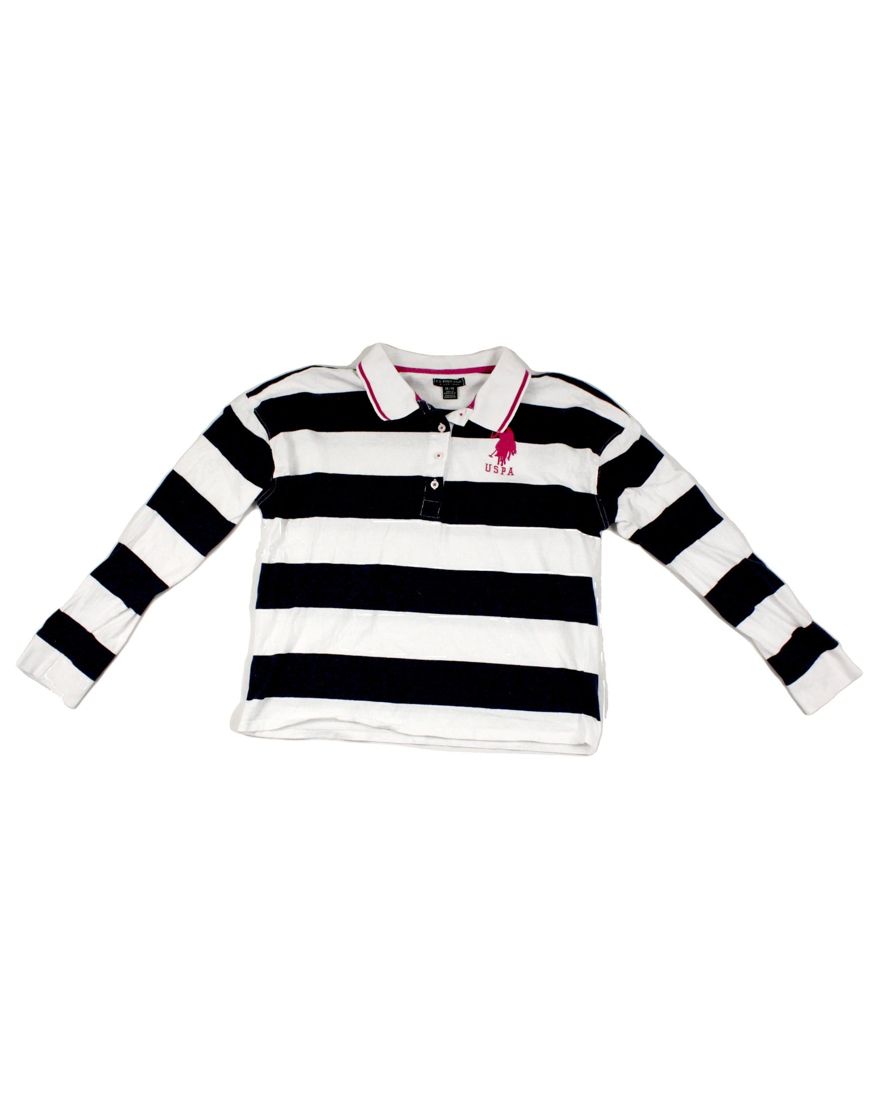 U.S. Polo Assn. Women's White and Navy Striped Long Sleeve Polo Top
