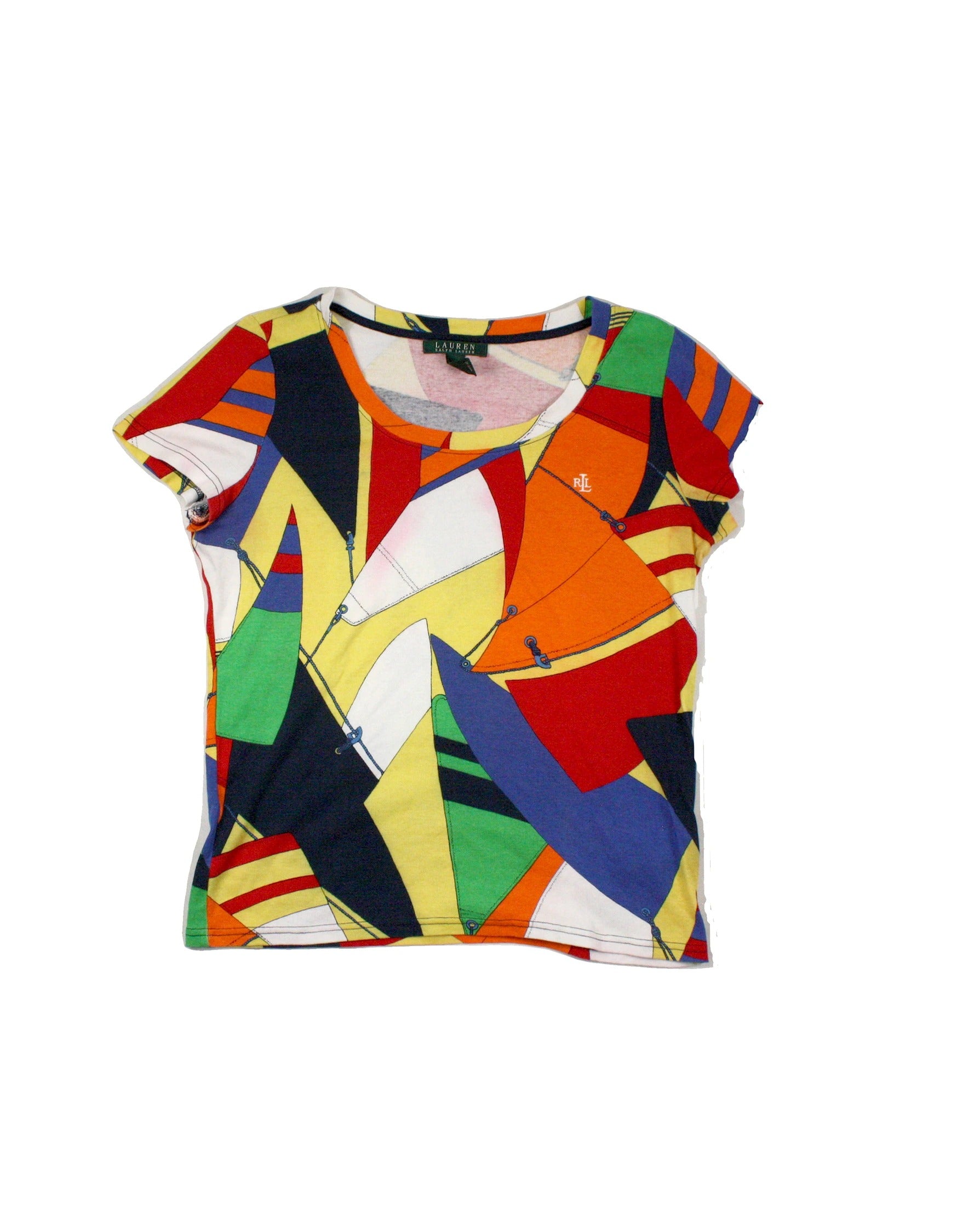 Lauren Ralph Lauren Women's Yellow, Red, Blue and Orange Sail Print Short Sleeve Top – Size M