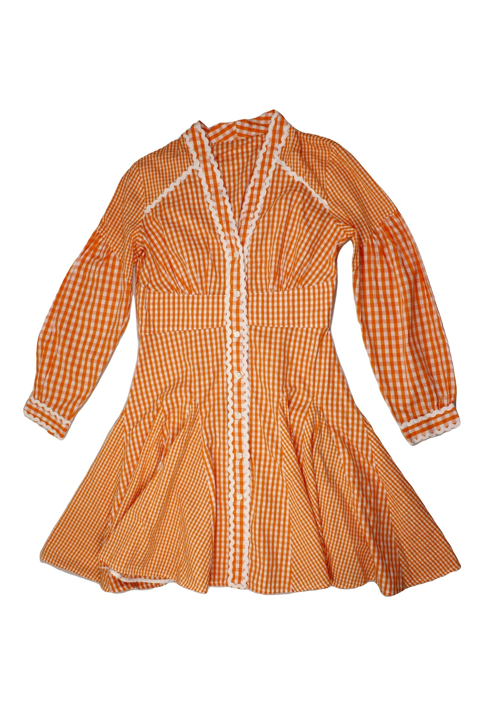 No Brand Women's Orange and White Gingham Long Sleeve Dress