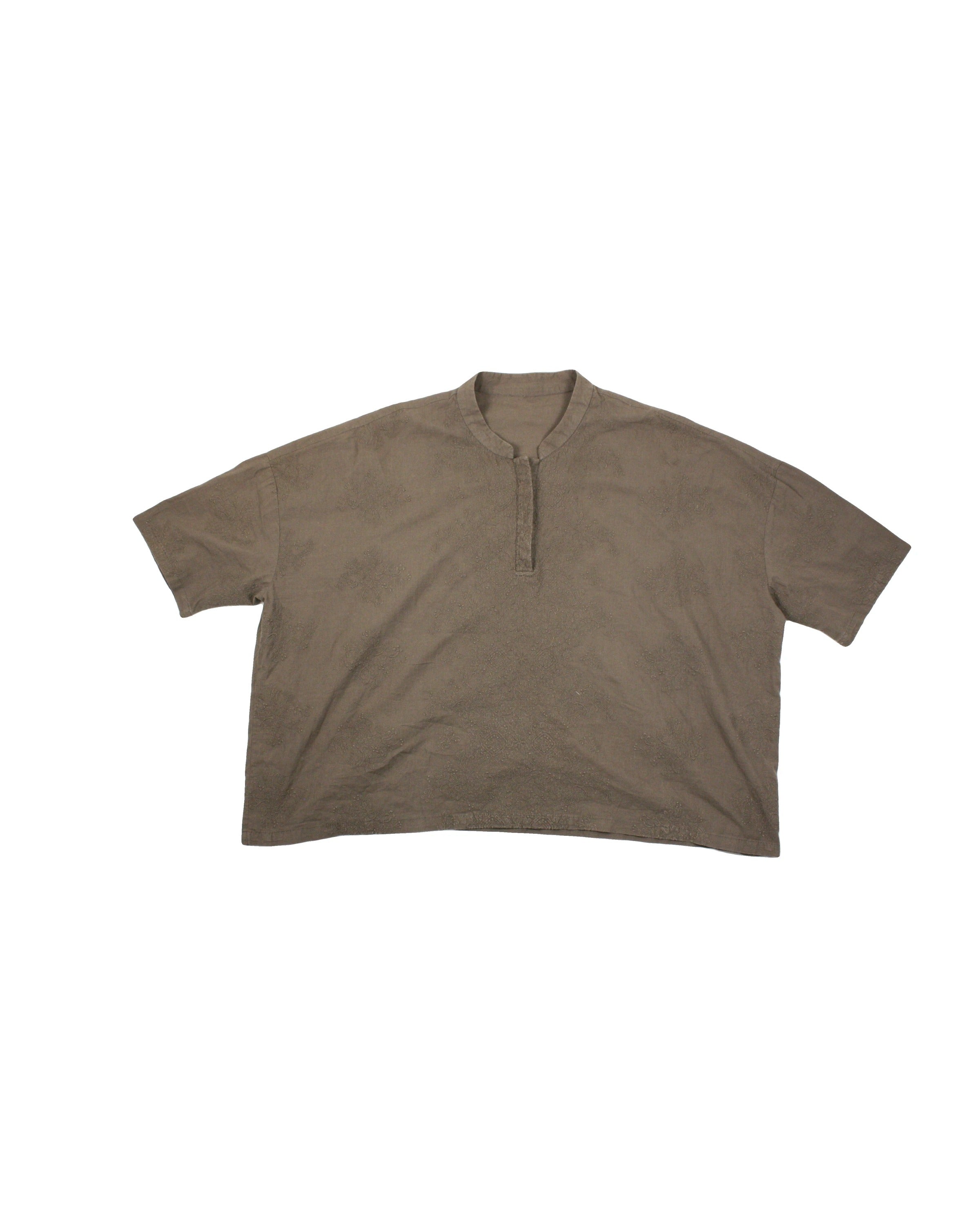 No Brand Women's Taupe Short Sleeve V-Neck Top with Embroidered Flowers