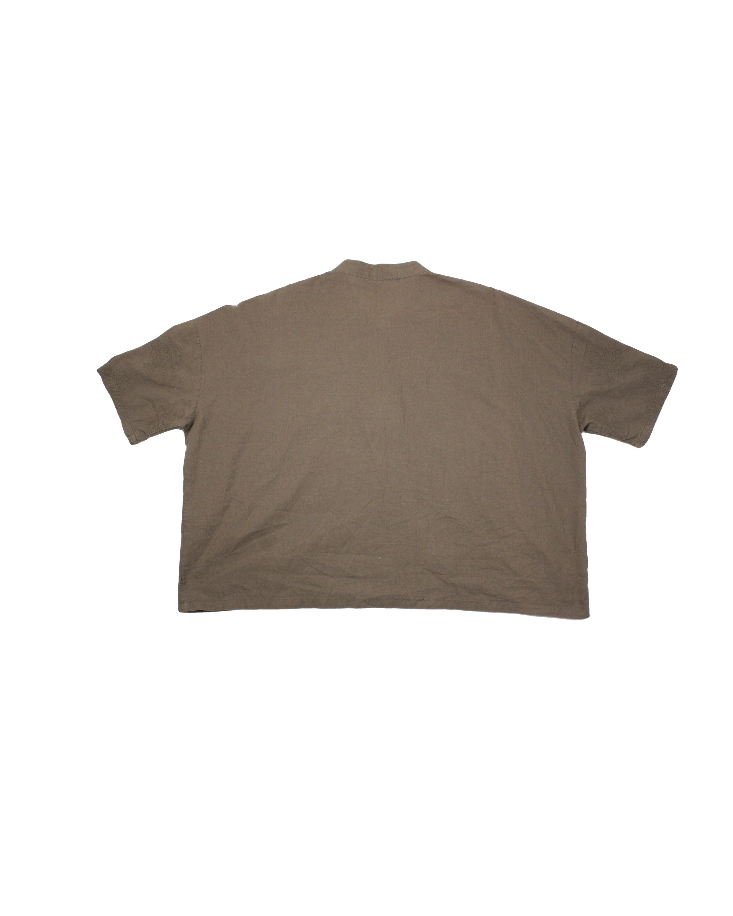No Brand Women's Taupe Short Sleeve V-Neck Top with Embroidered Flowers