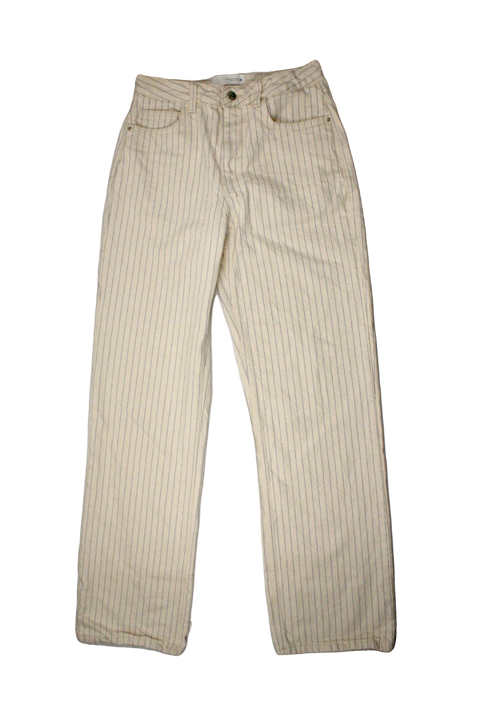 Zara Women's Beige and Blue Pinstripe High-Rise Straight-Leg Pants – Size 26