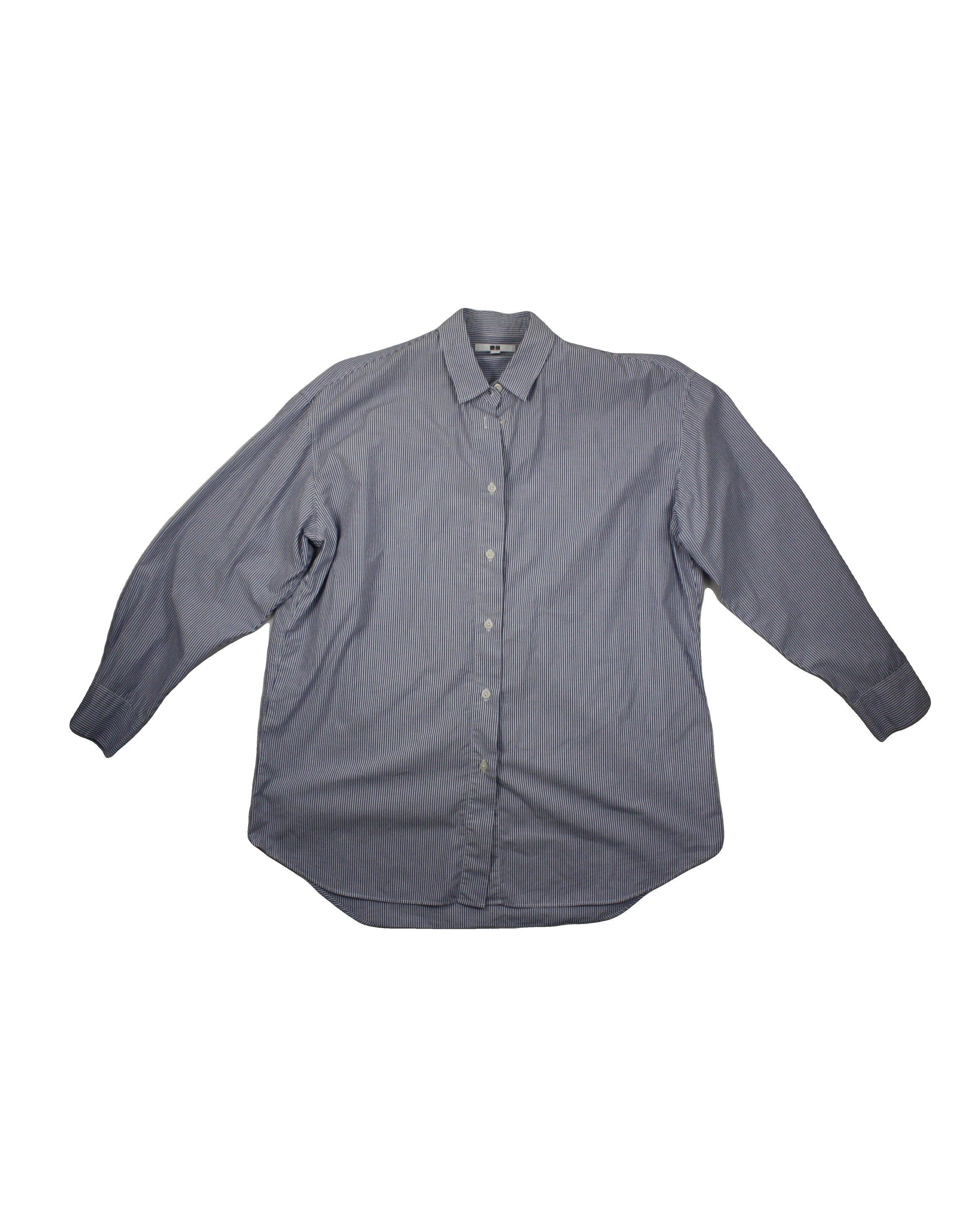 Uniqlo Women's White and Blue Cotton-Blend Long Sleeve Shirt – Size M