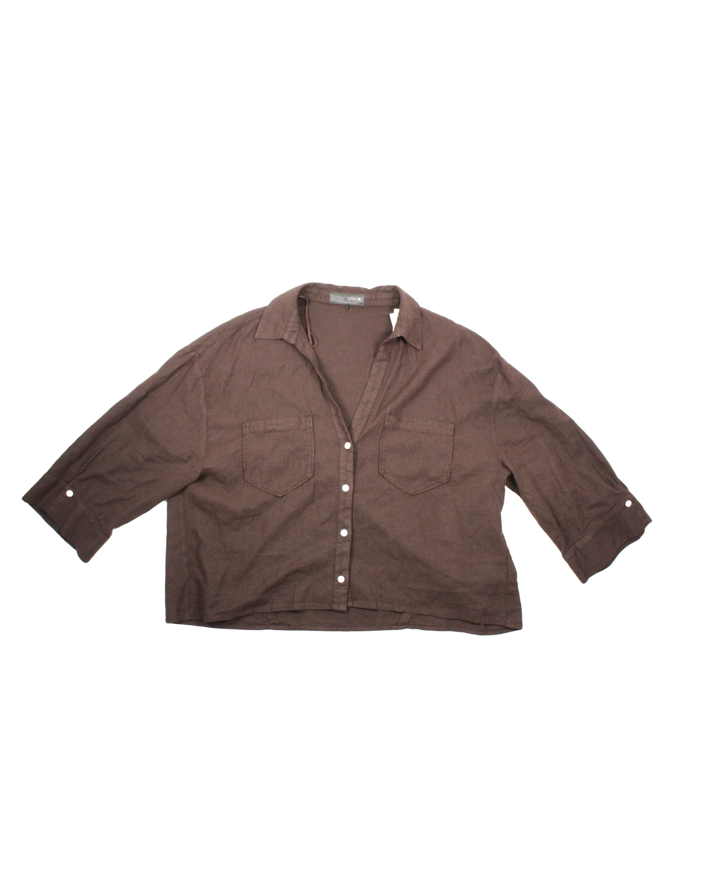 Zara Women's Brown Linen-Blend Long Sleeve Shirt – Size M