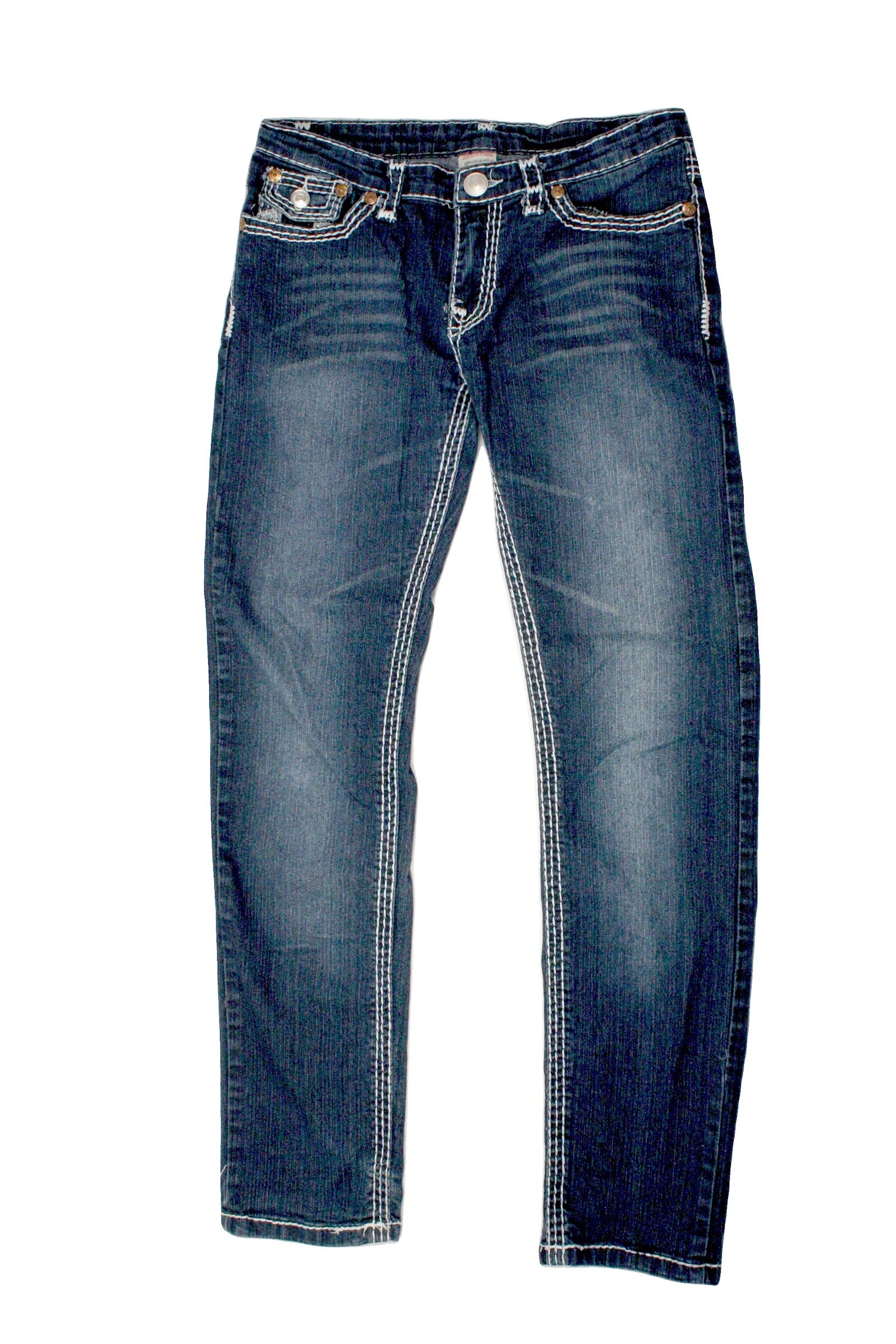True Religion Women's Navy Mid-Rise Straight-Leg Jeans with Contrast Stitching – Size 32