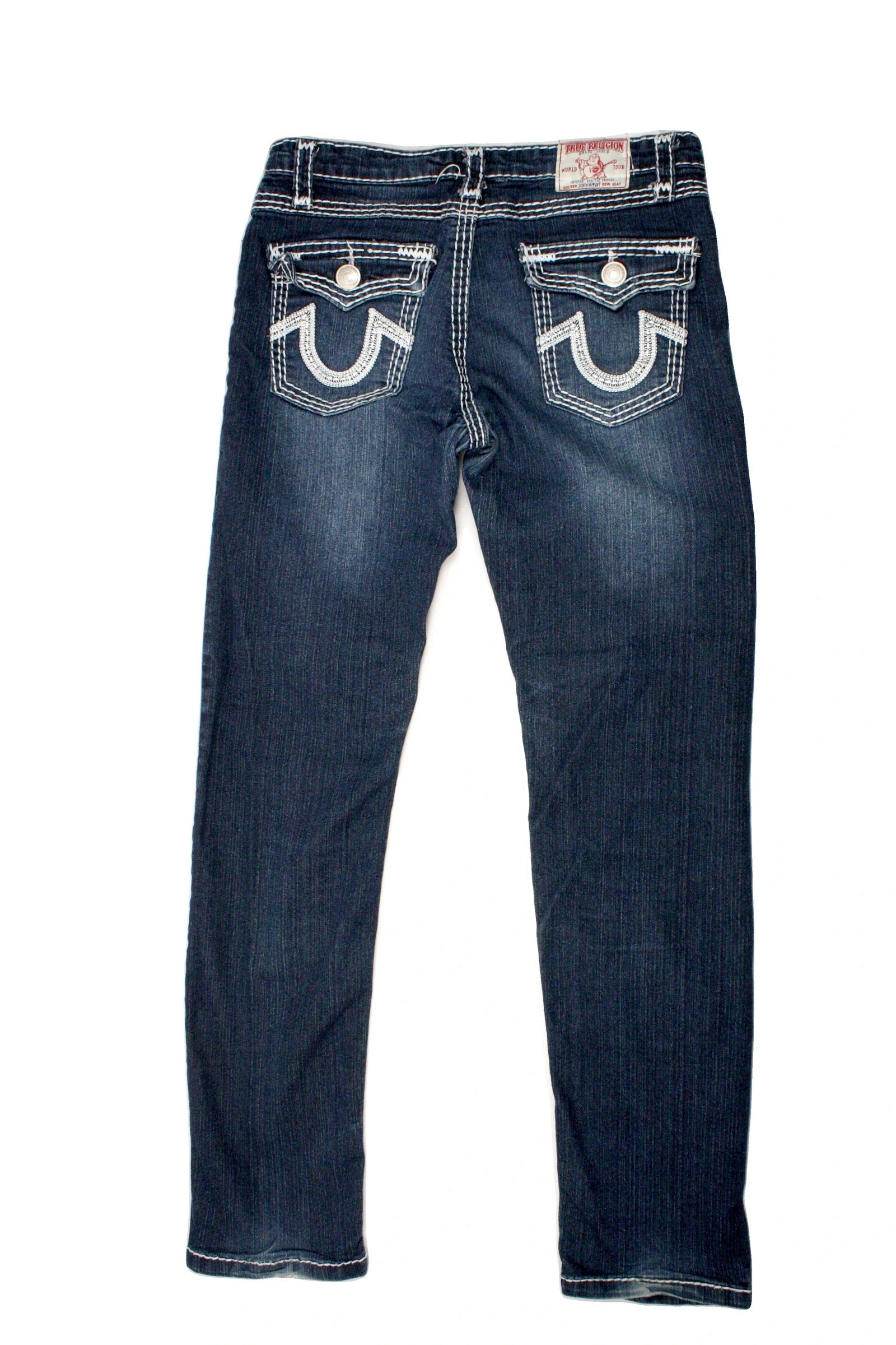 True Religion Women's Navy Mid-Rise Straight-Leg Jeans with Contrast Stitching – Size 32